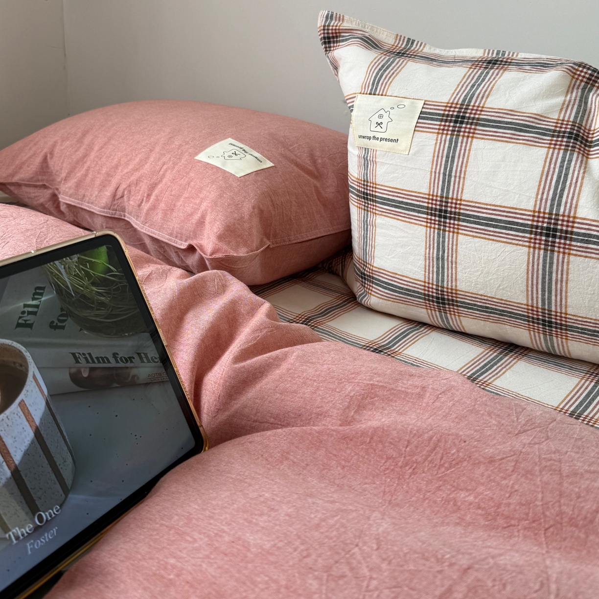 91家纺网 家纺一手货源 找家纺 觅糖家纺 2026新款ins水洗棉全棉纯棉格子款双针款四件套（会员-5） ins枫糖格