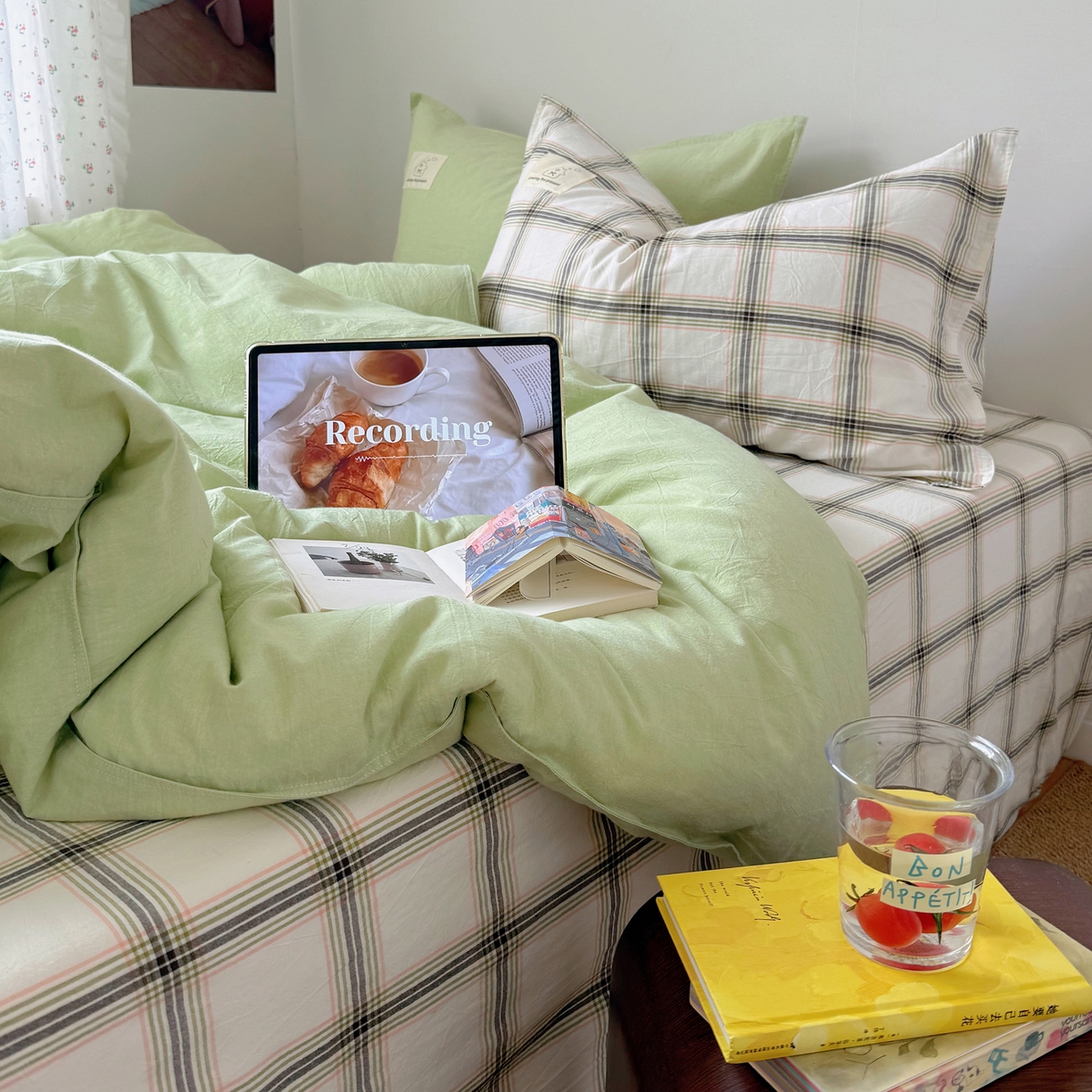 91家纺网 家纺一手货源 找家纺 觅糖家纺 2026新款ins水洗棉全棉纯棉格子款双针款四件套（会员-5） ins抹茶绿格