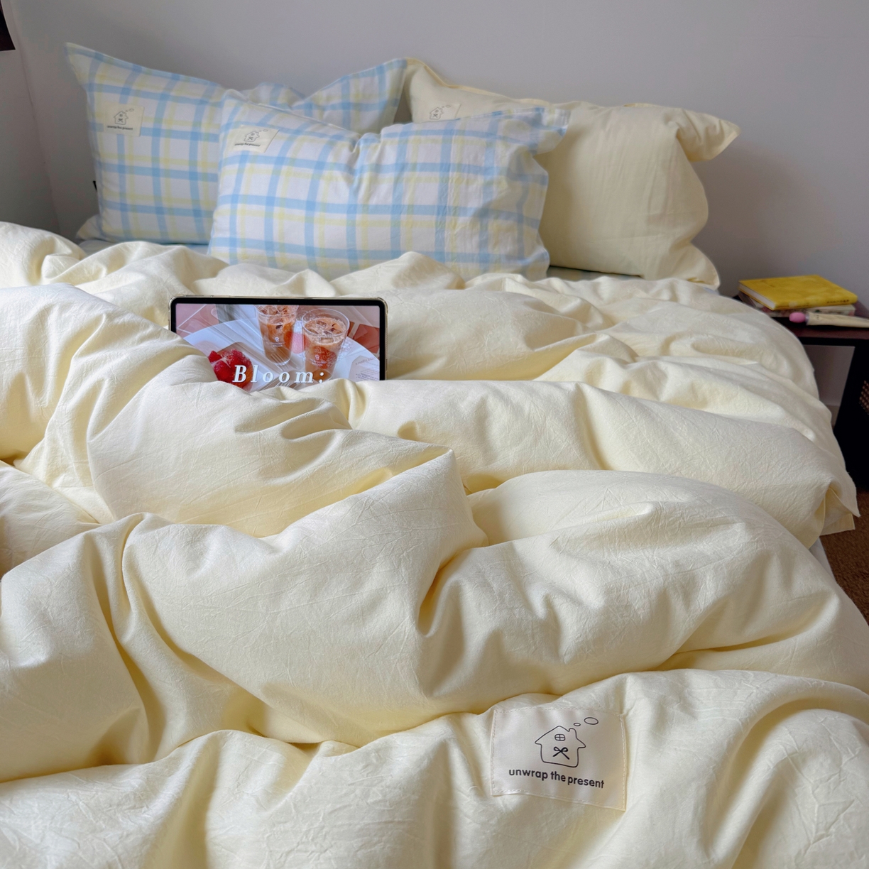 91家纺网 家纺一手货源 找家纺 觅糖家纺 2026新款ins水洗棉全棉纯棉格子款双针款四件套（会员-5） ins晴天蓝格