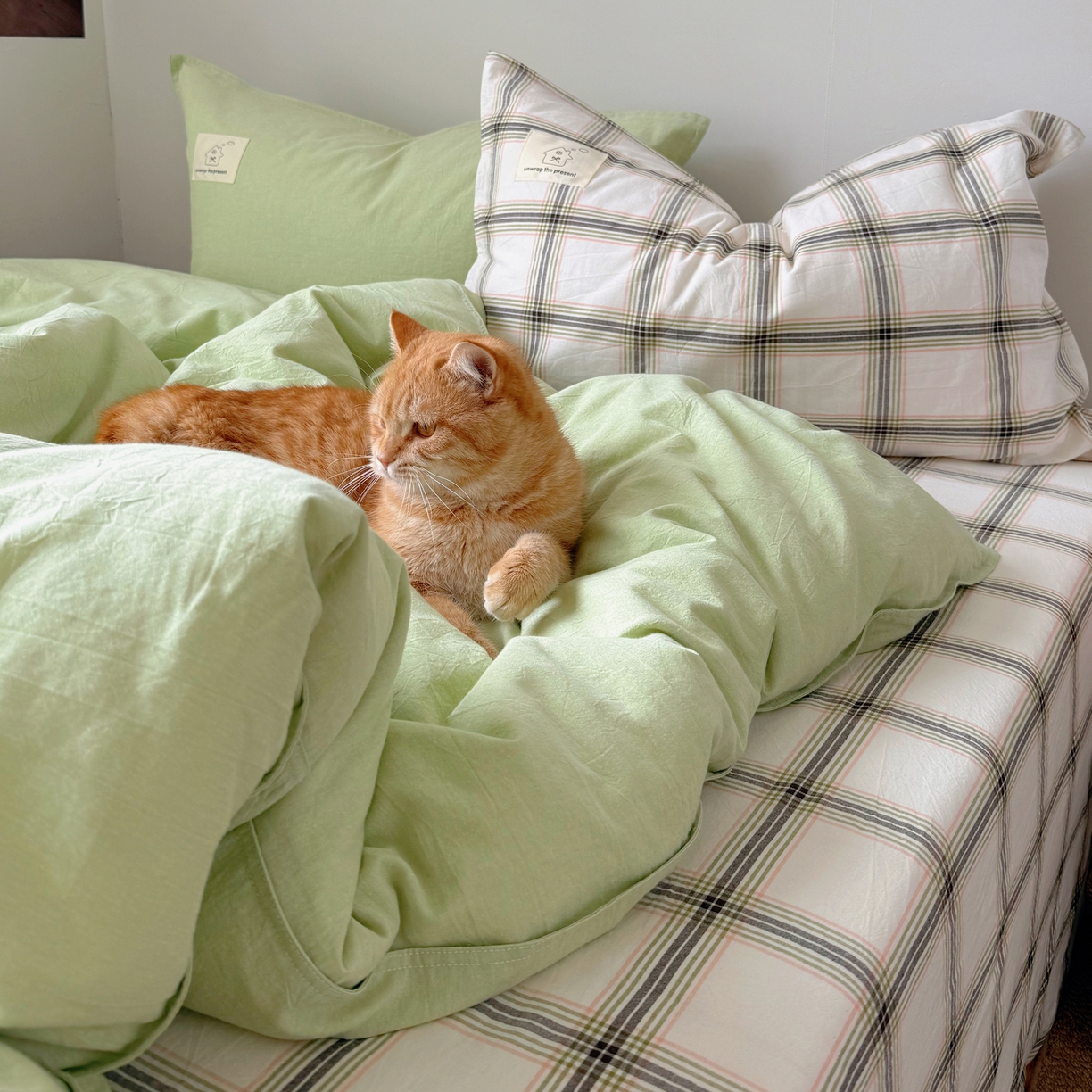 91家纺网 家纺一手货源 找家纺 觅糖家纺 2026新款ins水洗棉全棉纯棉格子款双针款四件套（会员-5） ins抹茶绿格