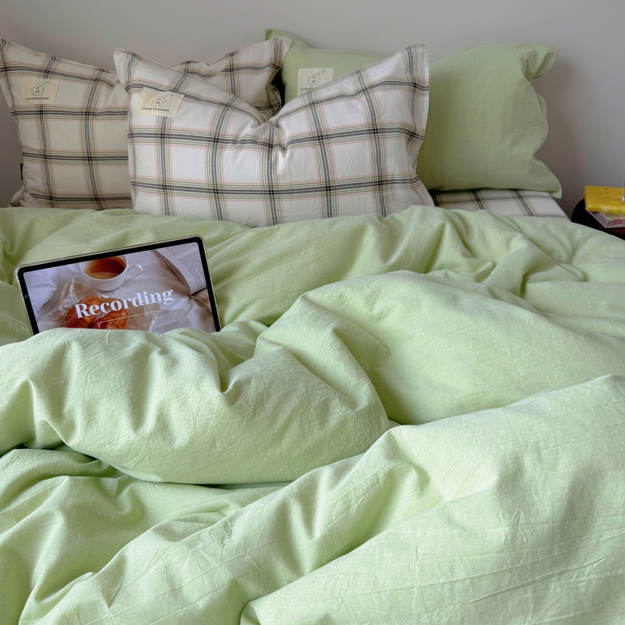 91家纺网 家纺一手货源 找家纺 觅糖家纺 2026新款ins水洗棉全棉纯棉格子款双针款四件套（会员-5） ins抹茶绿格