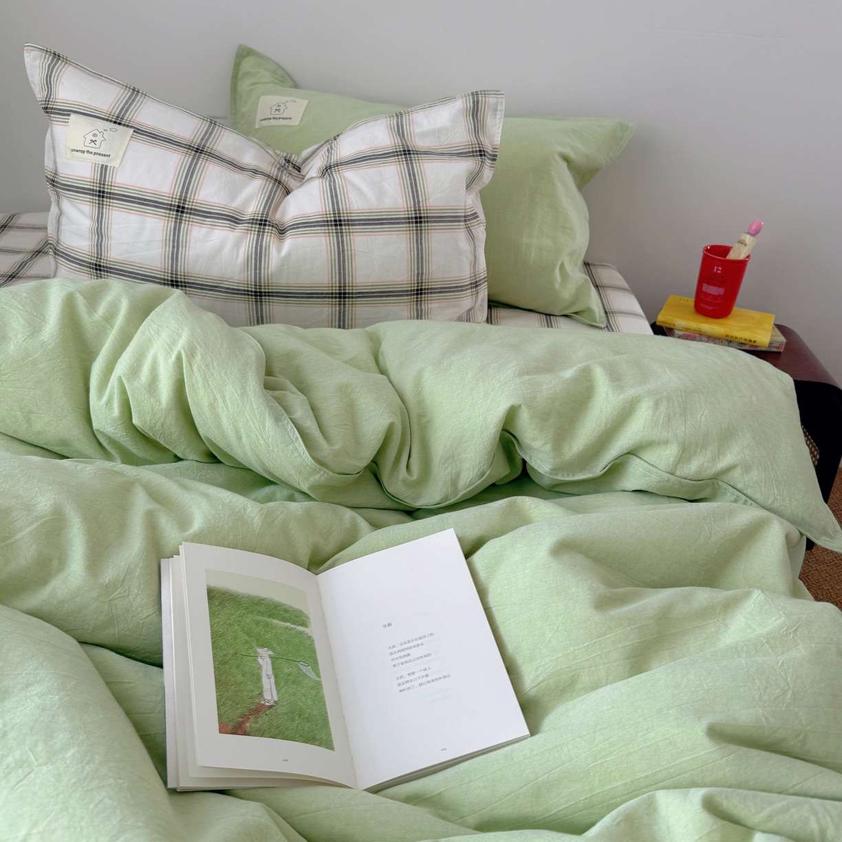 91家纺网 家纺一手货源 找家纺 觅糖家纺 2026新款ins水洗棉全棉纯棉格子款双针款四件套（会员-5） ins抹茶绿格