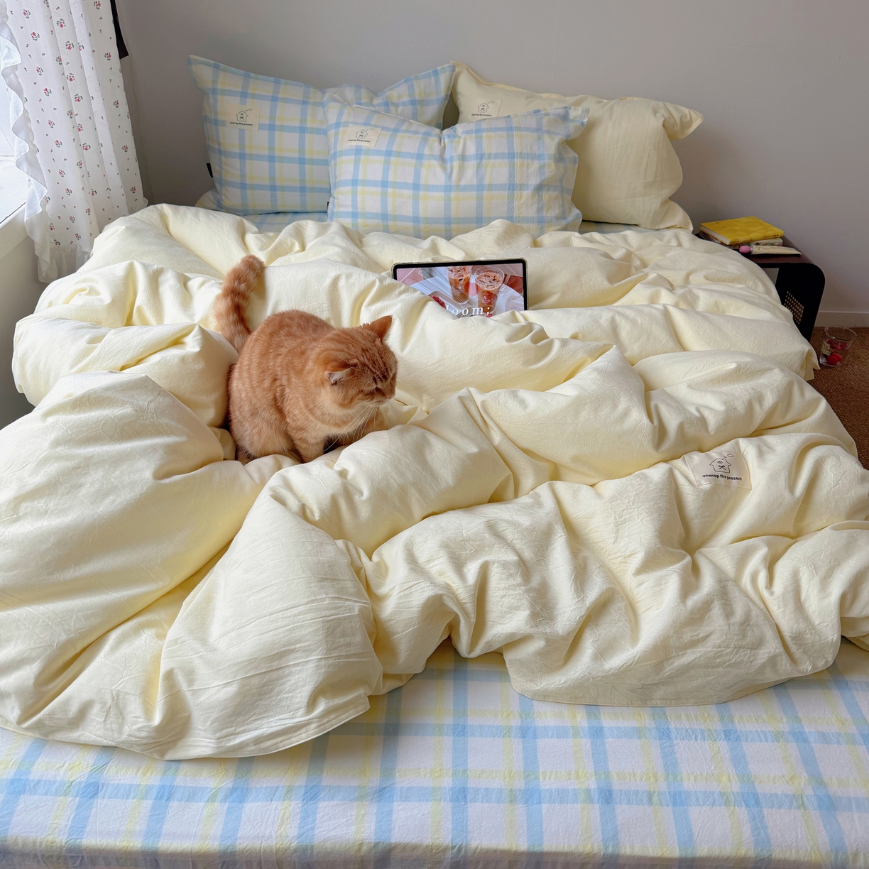 觅糖家纺 2026新款ins水洗棉全棉纯棉格子款双针款四件套（会员-5） ins晴天蓝格