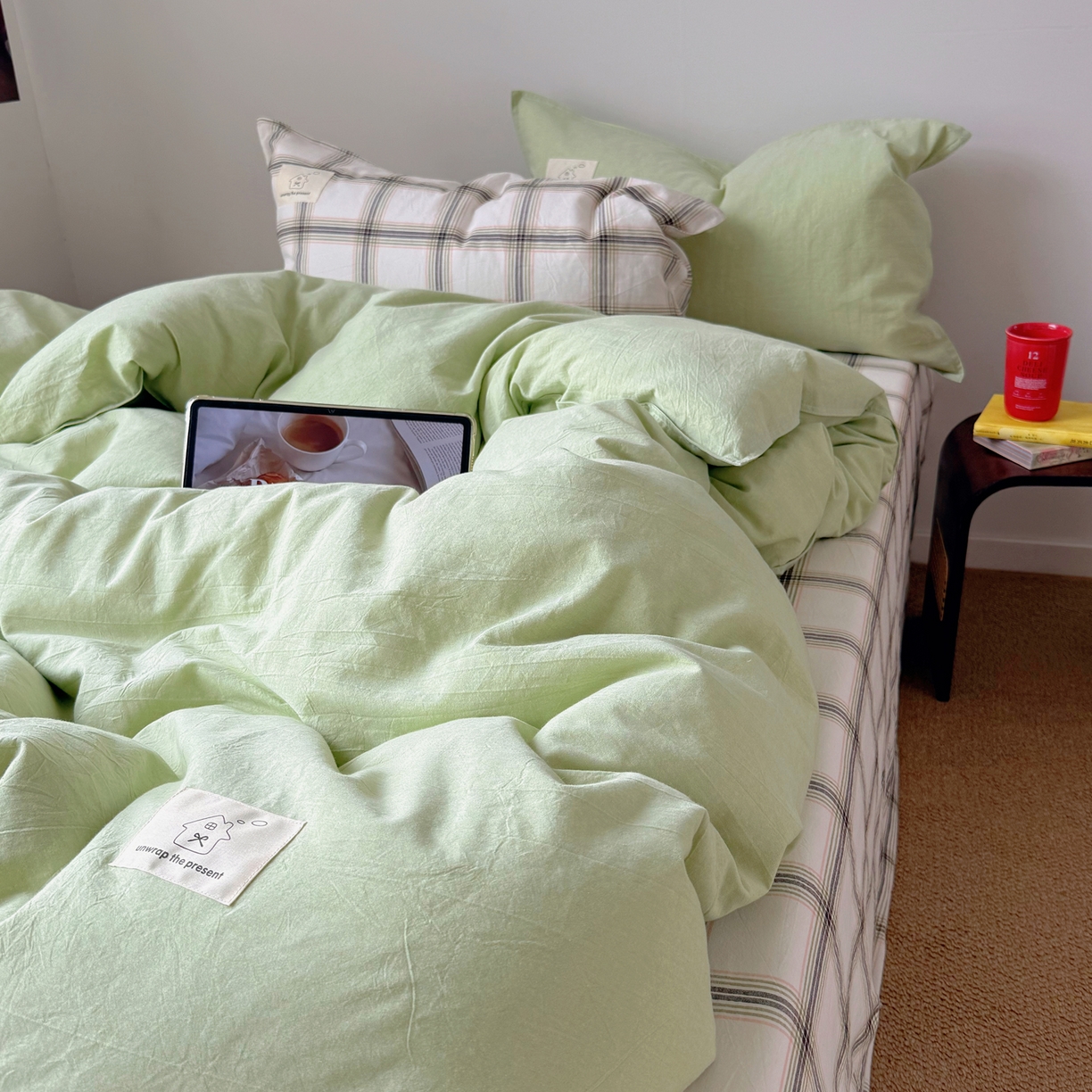 91家纺网 家纺一手货源 找家纺 觅糖家纺 2026新款ins水洗棉全棉纯棉格子款双针款四件套（会员-5） ins抹茶绿格