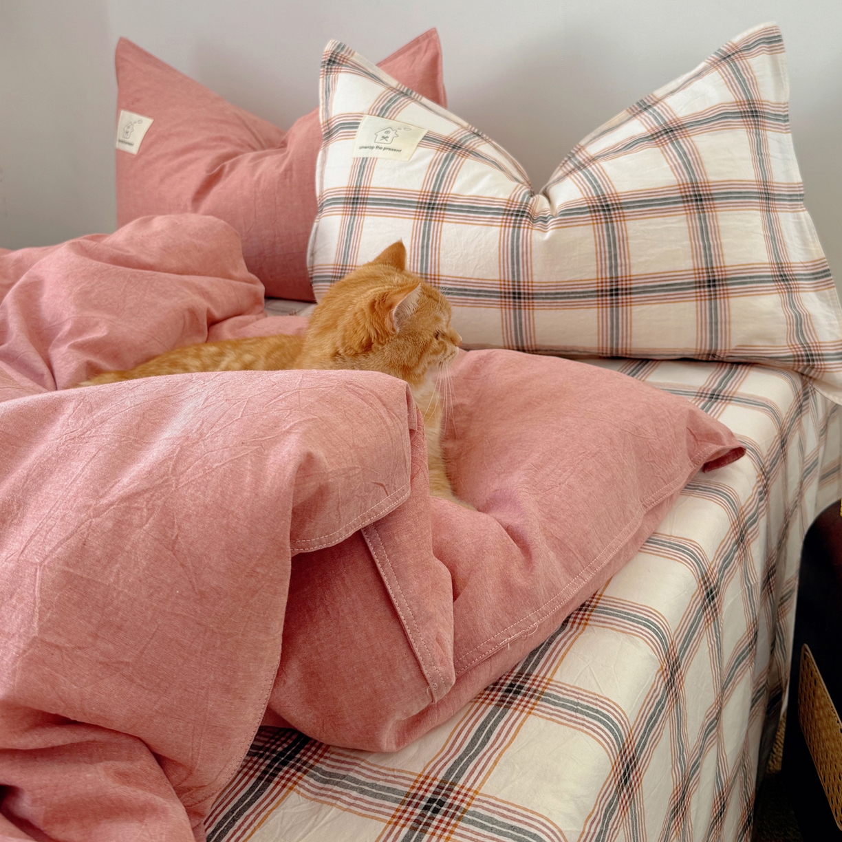 91家纺网 家纺一手货源 找家纺 觅糖家纺 2026新款ins水洗棉全棉纯棉格子款双针款四件套（会员-5） ins枫糖格