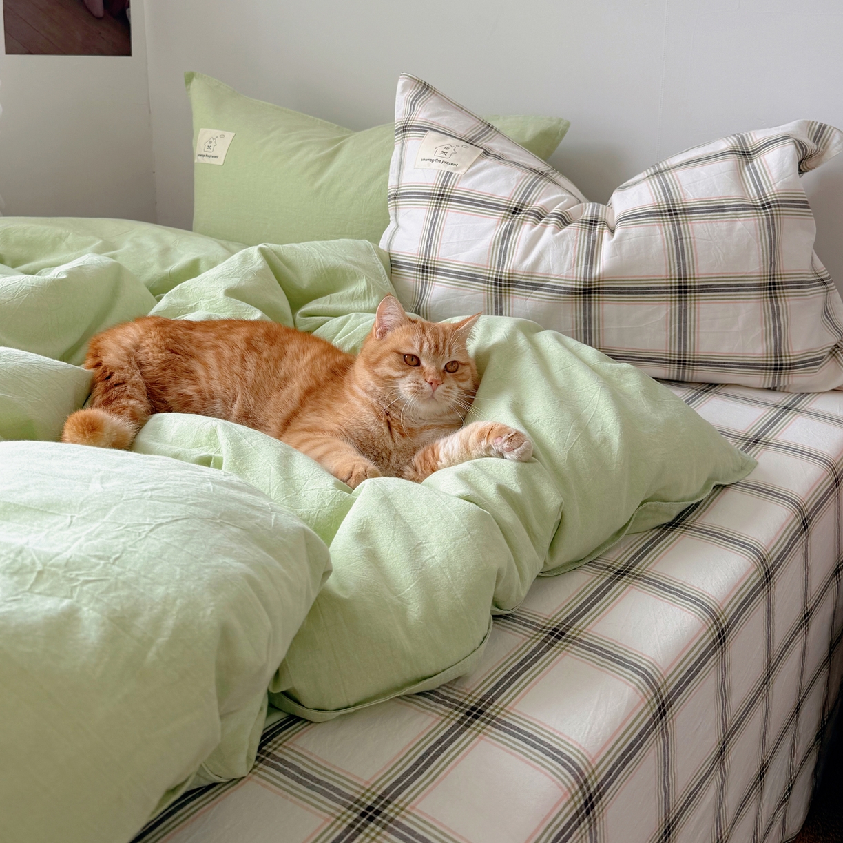 91家纺网 家纺一手货源 找家纺 觅糖家纺 2026新款ins水洗棉全棉纯棉格子款双针款四件套（会员-5） ins抹茶绿格