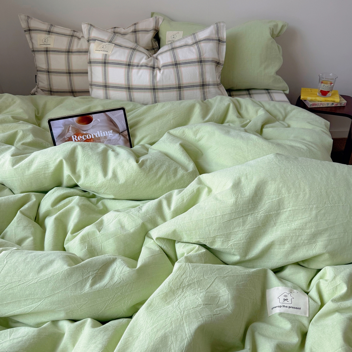 91家纺网 家纺一手货源 找家纺 觅糖家纺 2026新款ins水洗棉全棉纯棉格子款双针款四件套（会员-5） ins抹茶绿格