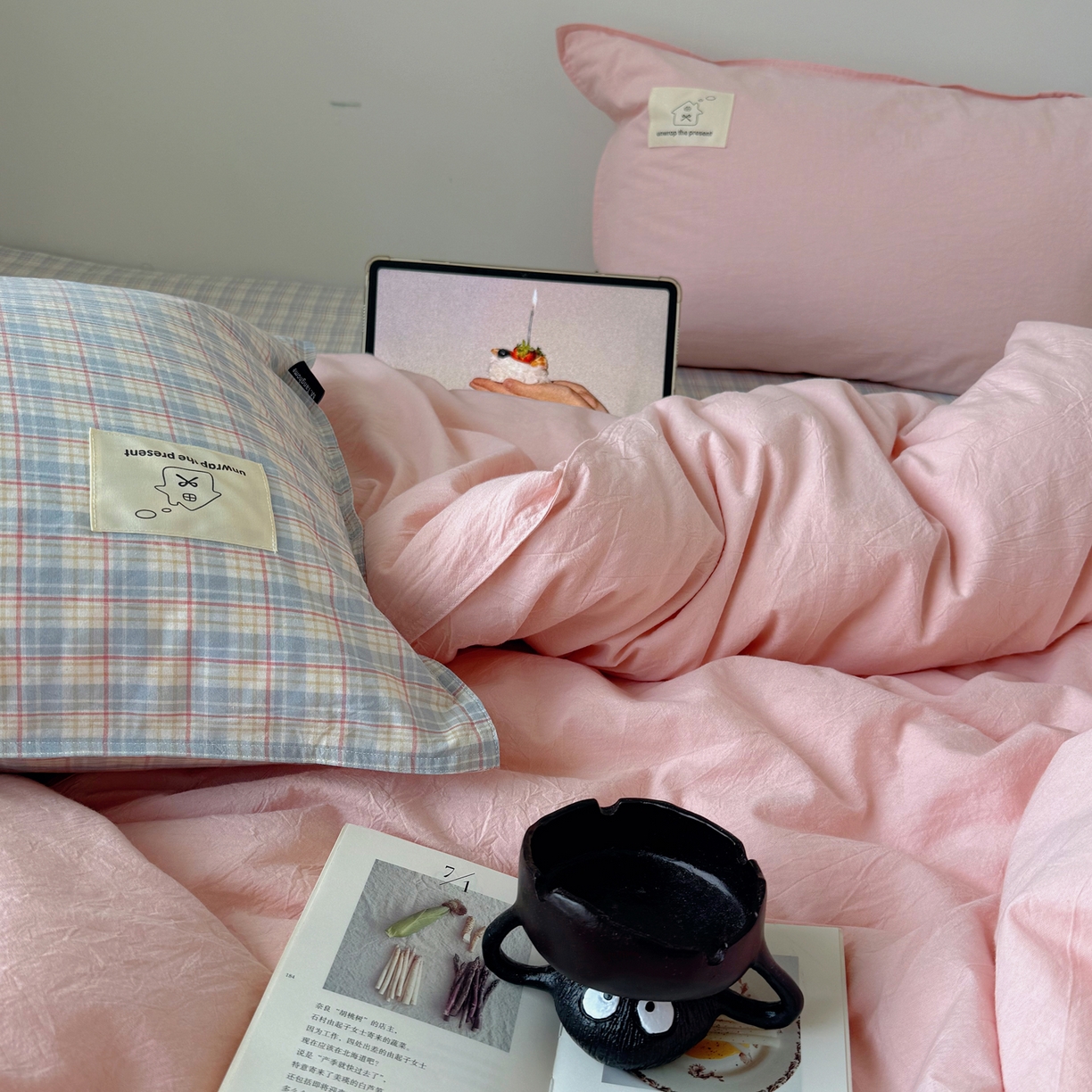 91家纺网 家纺一手货源 找家纺 觅糖家纺 2026新款ins水洗棉全棉纯棉格子款双针款四件套（会员-5） ins粉雾格