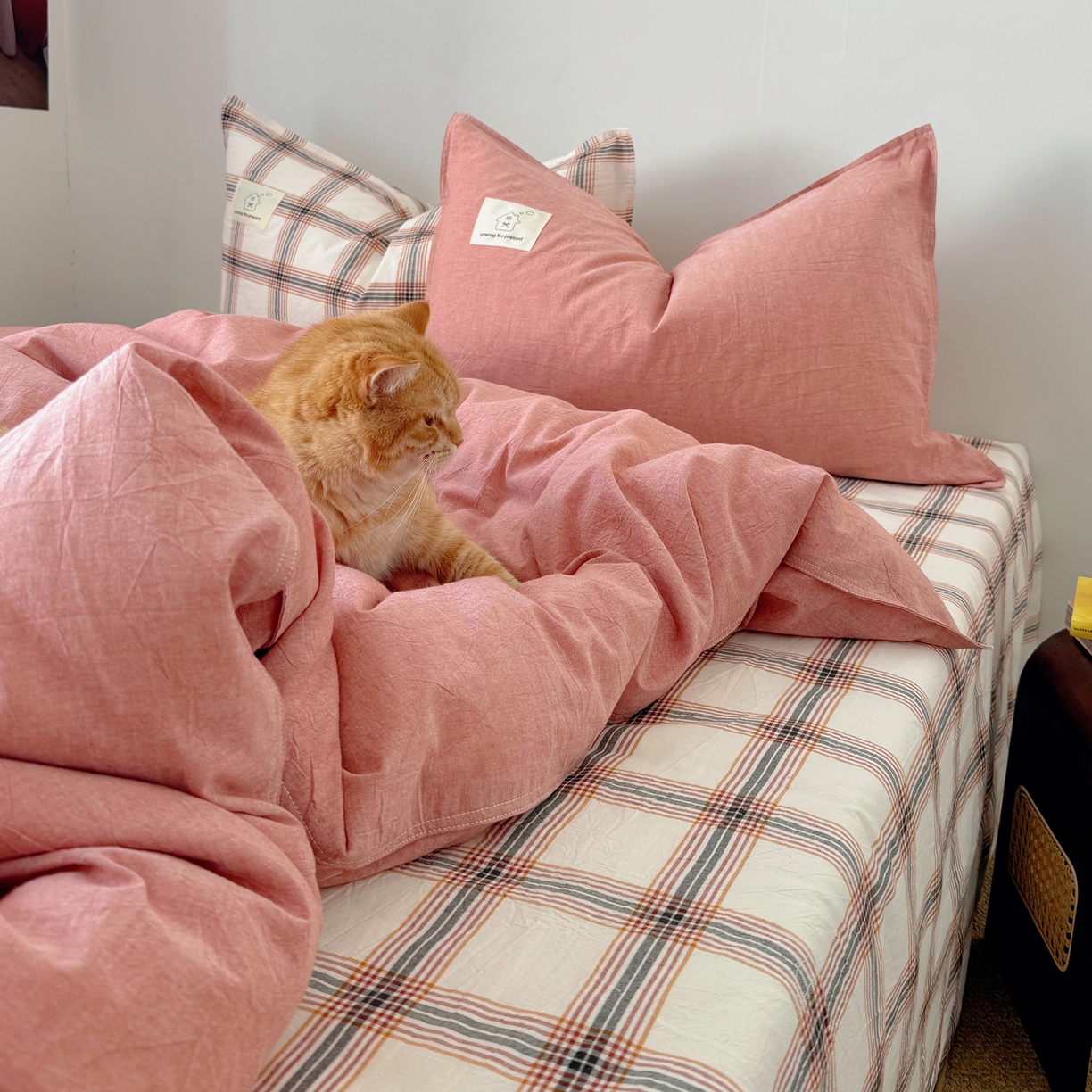 91家纺网 家纺一手货源 找家纺 觅糖家纺 2026新款ins水洗棉全棉纯棉格子款双针款四件套（会员-5） ins枫糖格