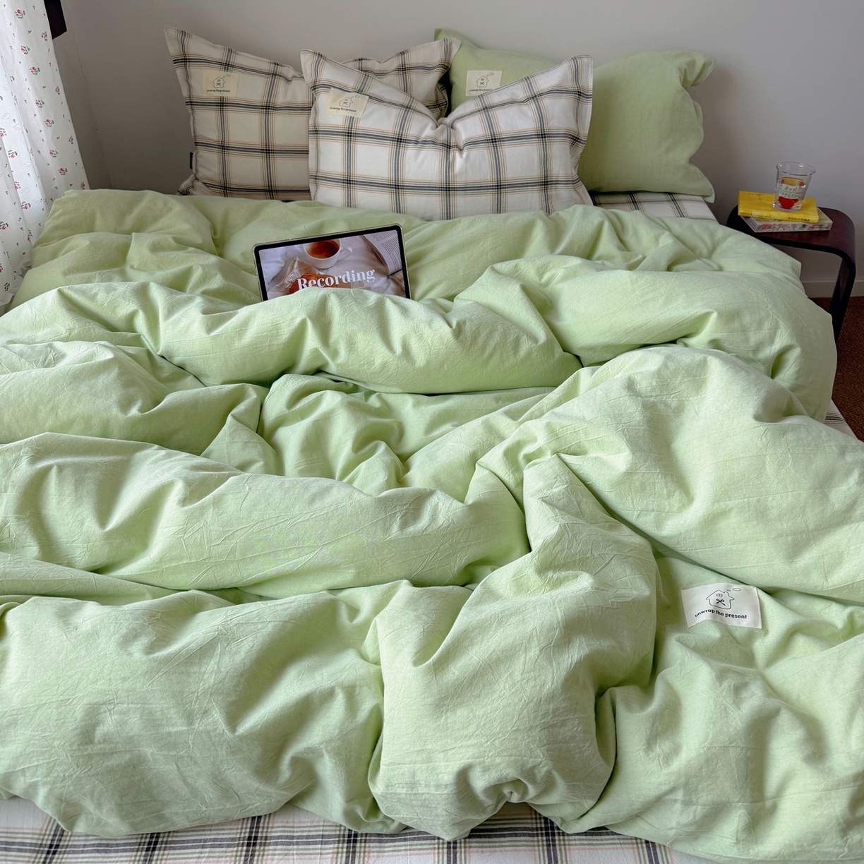 觅糖家纺 2026新款ins水洗棉全棉纯棉格子款双针款四件套（会员-5） ins抹茶绿格