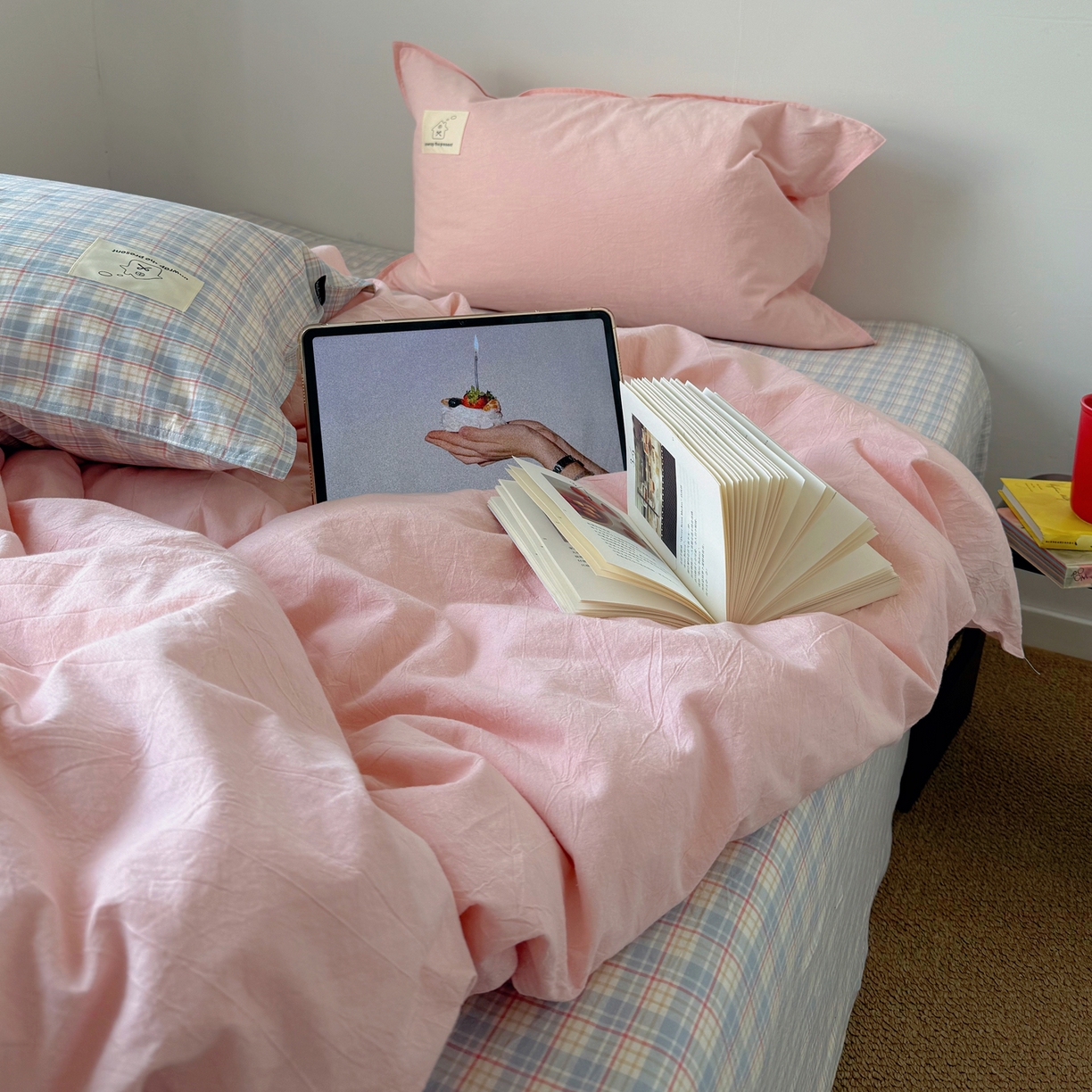 91家纺网 家纺一手货源 找家纺 （总）觅糖家纺 2026新款ins水洗棉全棉纯棉格子款双针款四件套（会员-5）