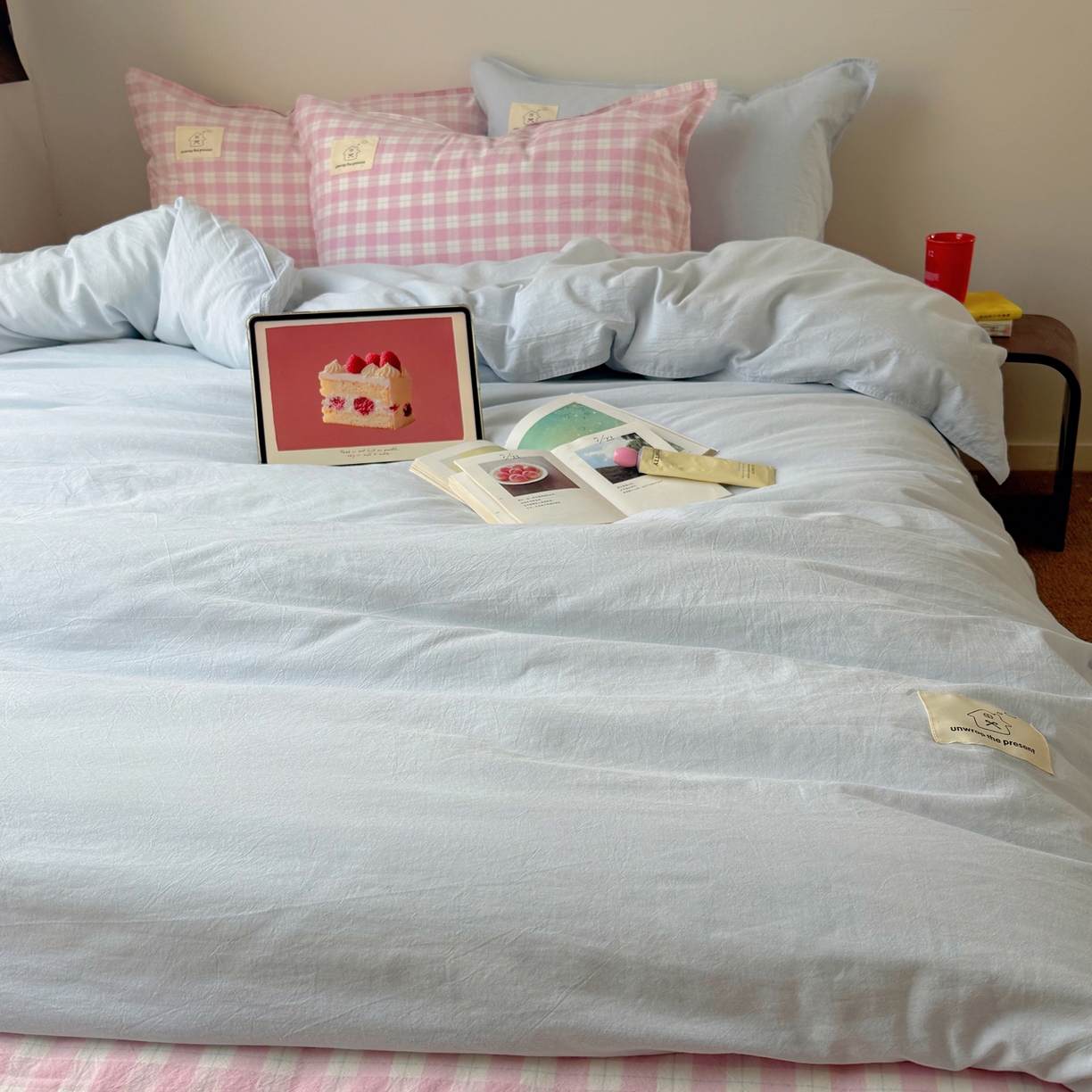 91家纺网 家纺一手货源 找家纺 觅糖家纺 2026新款ins水洗棉全棉纯棉格子款双针款四件套（会员-5） ins云汀粉格