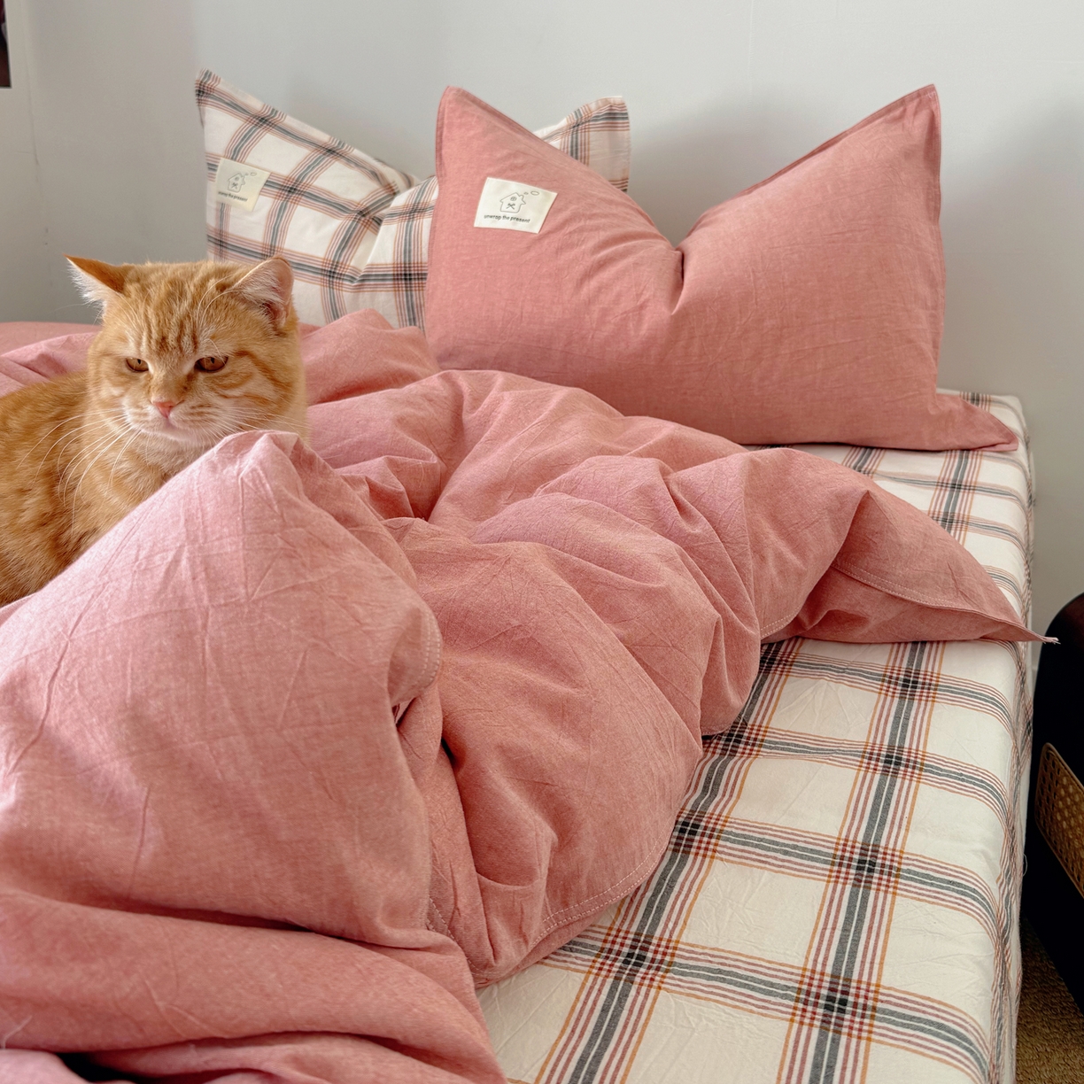 91家纺网 家纺一手货源 找家纺 觅糖家纺 2026新款ins水洗棉全棉纯棉格子款双针款四件套（会员-5） ins枫糖格