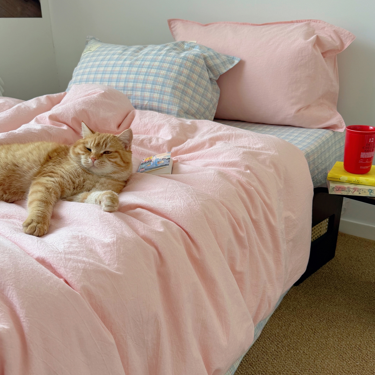 91家纺网 家纺一手货源 找家纺 觅糖家纺 2026新款ins水洗棉全棉纯棉格子款双针款四件套（会员-5） ins粉雾格