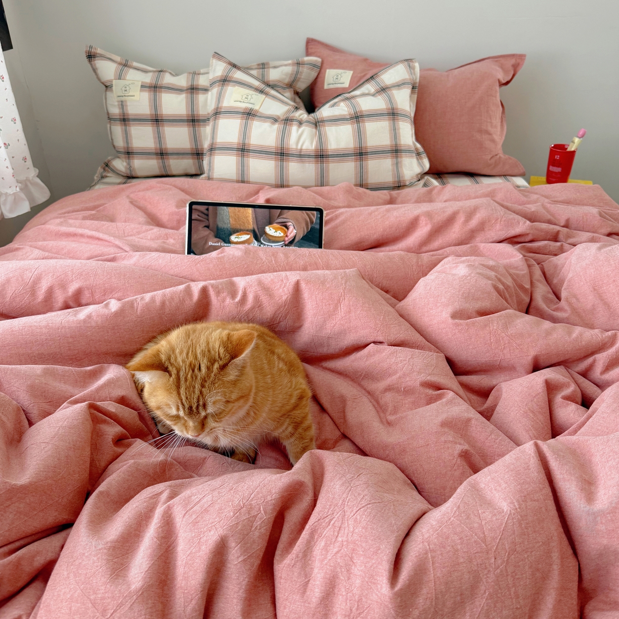 91家纺网 家纺一手货源 找家纺 觅糖家纺 2026新款ins水洗棉全棉纯棉格子款双针款四件套（会员-5） ins枫糖格