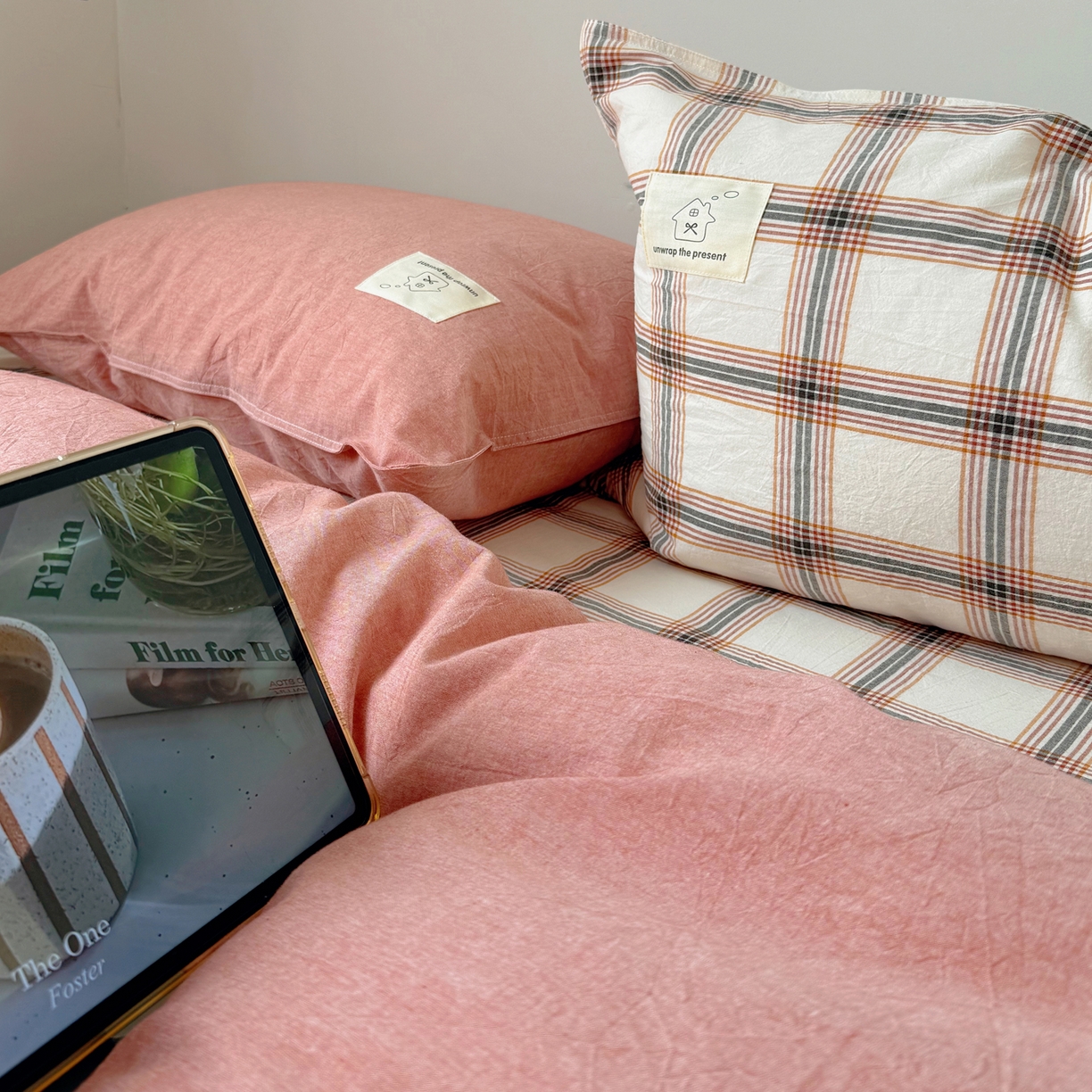 91家纺网 家纺一手货源 找家纺 觅糖家纺 2026新款ins水洗棉全棉纯棉格子款双针款四件套（会员-5） ins枫糖格