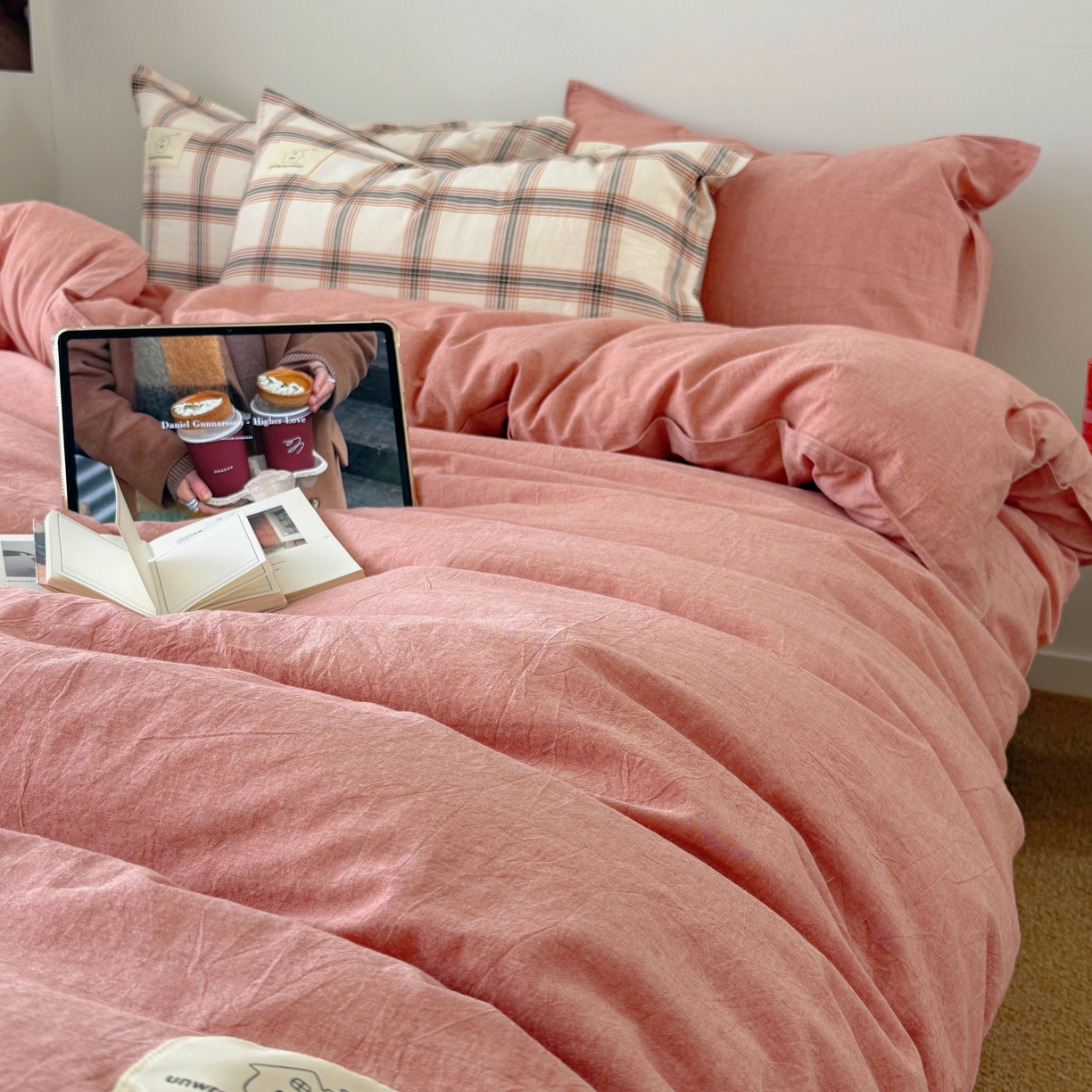 91家纺网 家纺一手货源 找家纺 觅糖家纺 2026新款ins水洗棉全棉纯棉格子款双针款四件套（会员-5） ins枫糖格