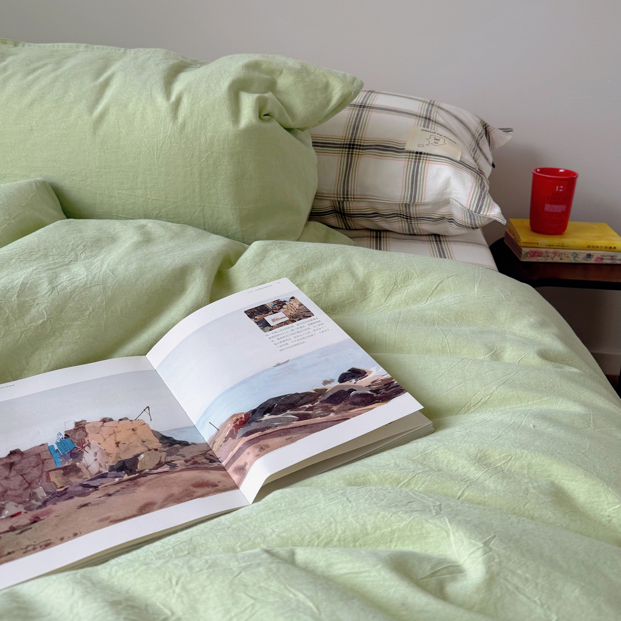 91家纺网 家纺一手货源 找家纺 觅糖家纺 2026新款ins水洗棉全棉纯棉格子款双针款四件套（会员-5） ins抹茶绿格