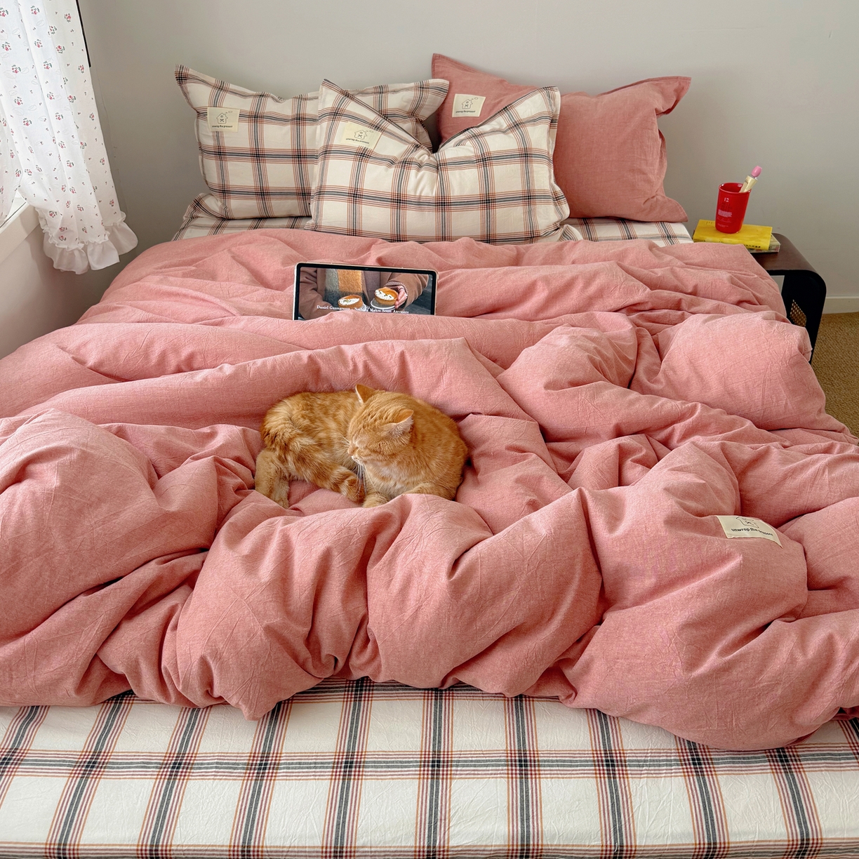 91家纺网 家纺一手货源 找家纺 （总）觅糖家纺 2026新款ins水洗棉全棉纯棉格子款双针款四件套（会员-5）