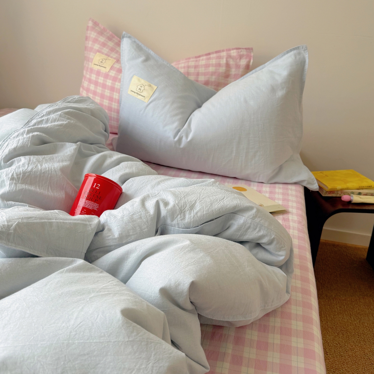 91家纺网 家纺一手货源 找家纺 觅糖家纺 2026新款ins水洗棉全棉纯棉格子款双针款四件套（会员-5） ins云汀粉格