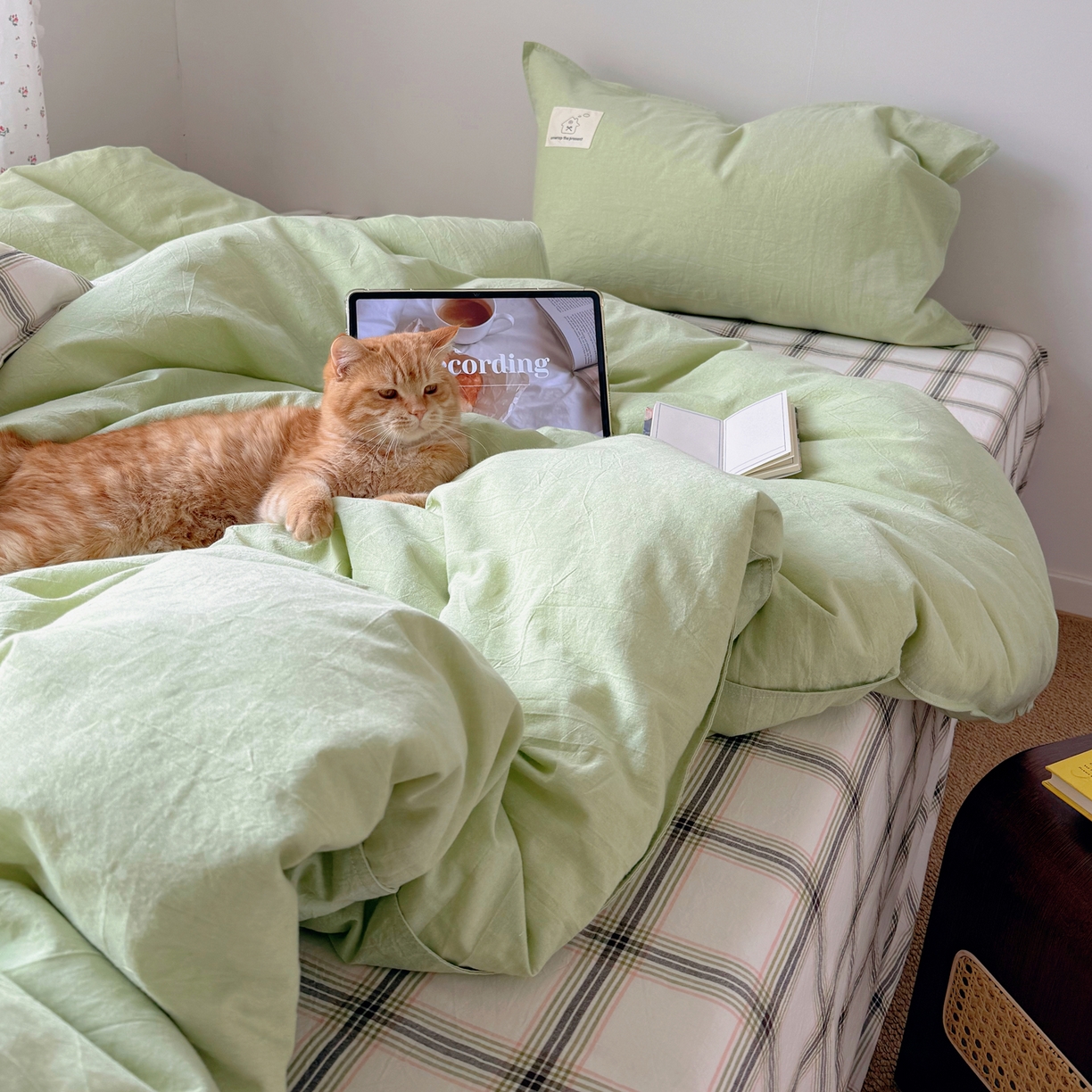 91家纺网 家纺一手货源 找家纺 觅糖家纺 2026新款ins水洗棉全棉纯棉格子款双针款四件套（会员-5） ins抹茶绿格