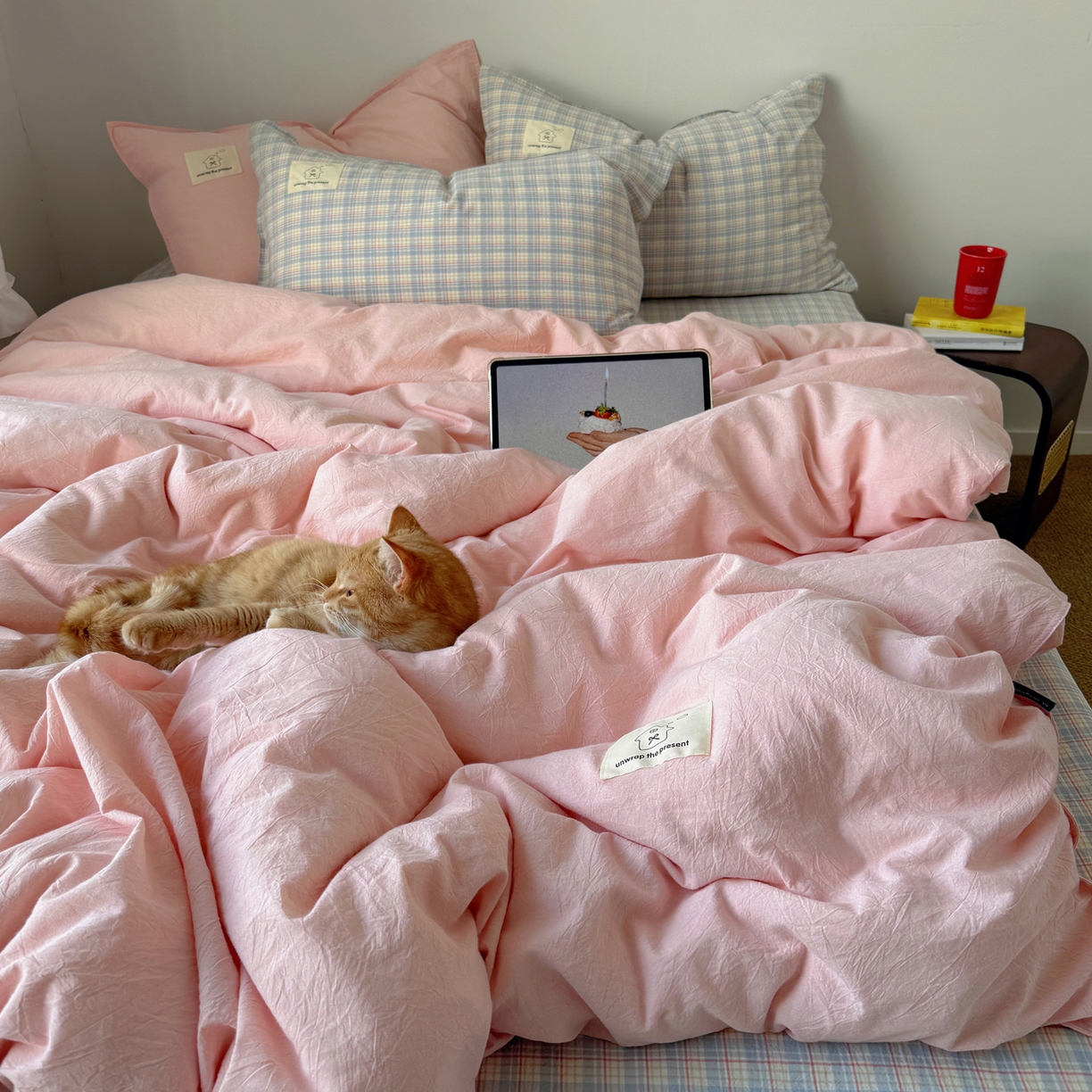 91家纺网 家纺一手货源 找家纺 觅糖家纺 2026新款ins水洗棉全棉纯棉格子款双针款四件套（会员-5） ins粉雾格