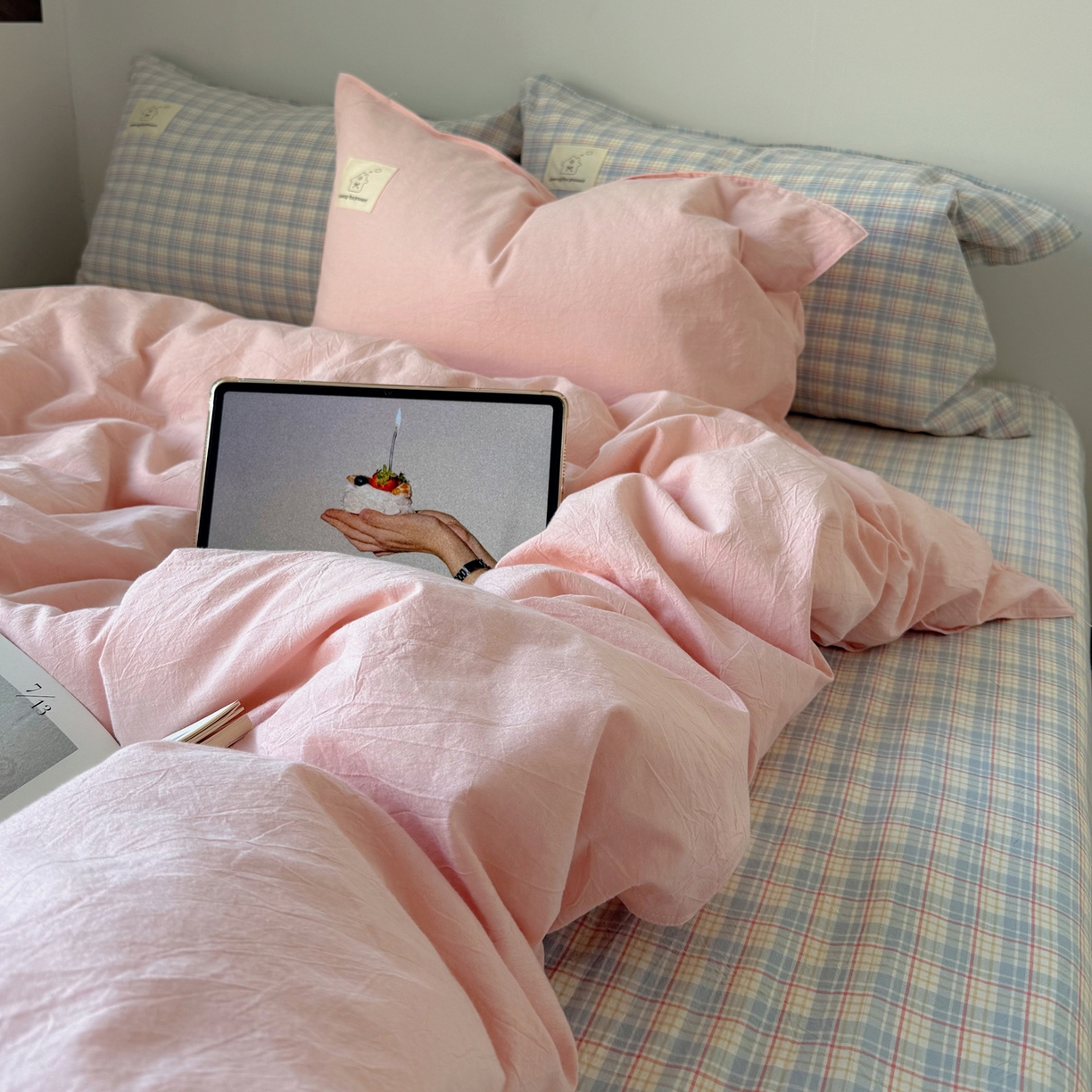 91家纺网 家纺一手货源 找家纺 （总）觅糖家纺 2026新款ins水洗棉全棉纯棉格子款双针款四件套（会员-5）