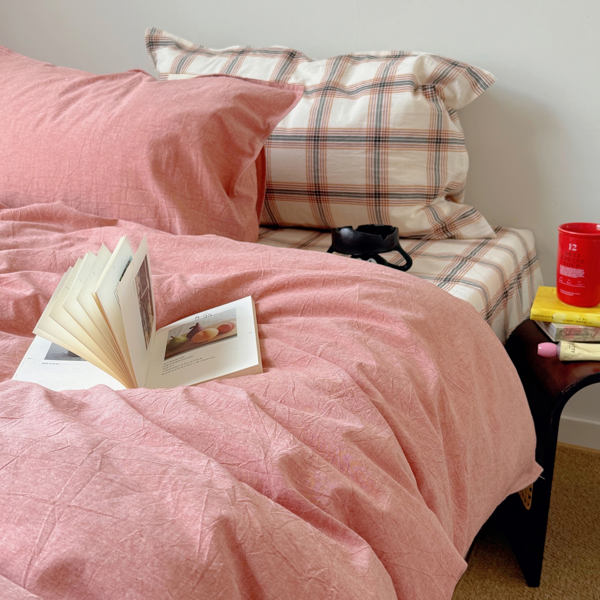 91家纺网 家纺一手货源 找家纺 觅糖家纺 2026新款ins水洗棉全棉纯棉格子款双针款四件套（会员-5） ins枫糖格