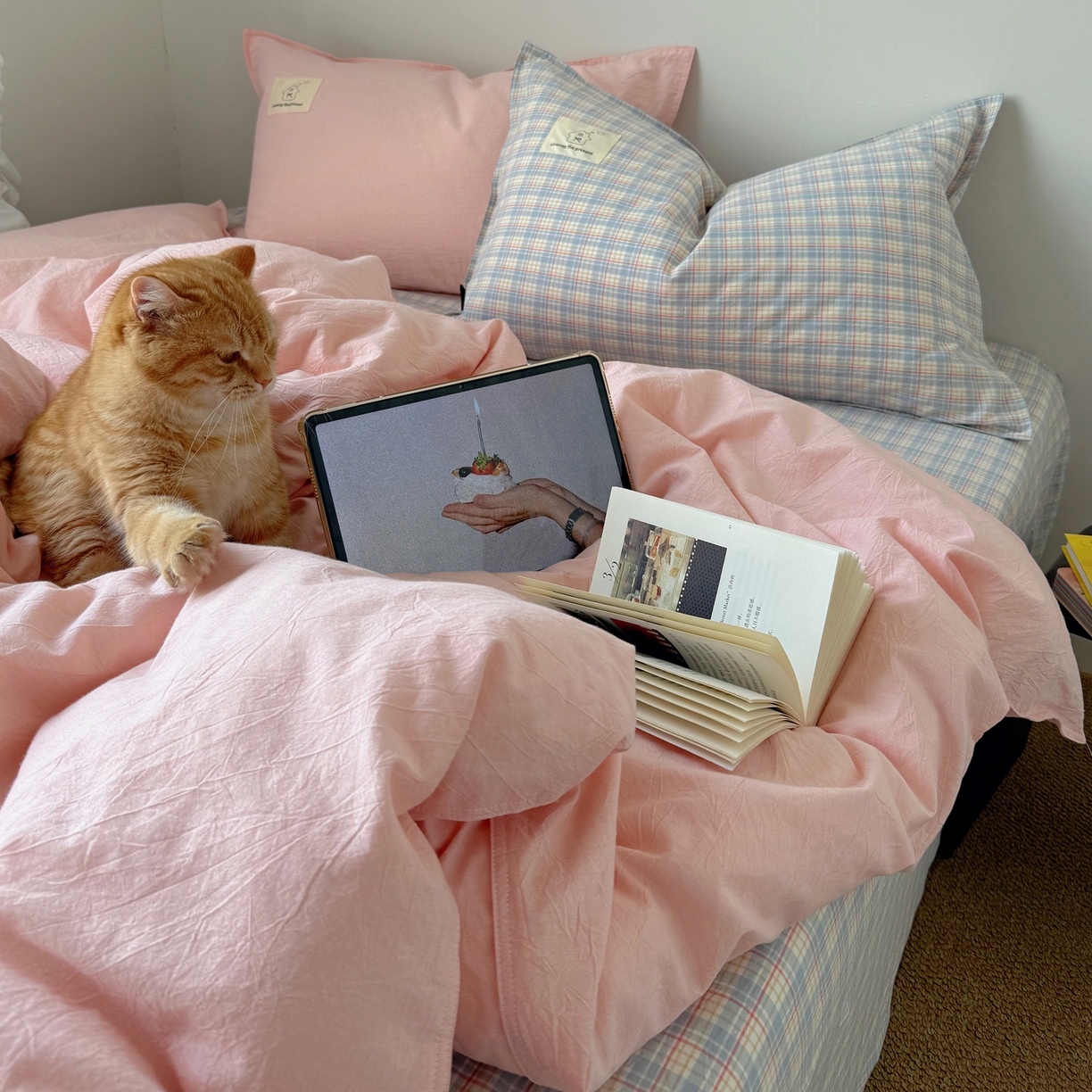 91家纺网 家纺一手货源 找家纺 觅糖家纺 2026新款ins水洗棉全棉纯棉格子款双针款四件套（会员-5） ins粉雾格