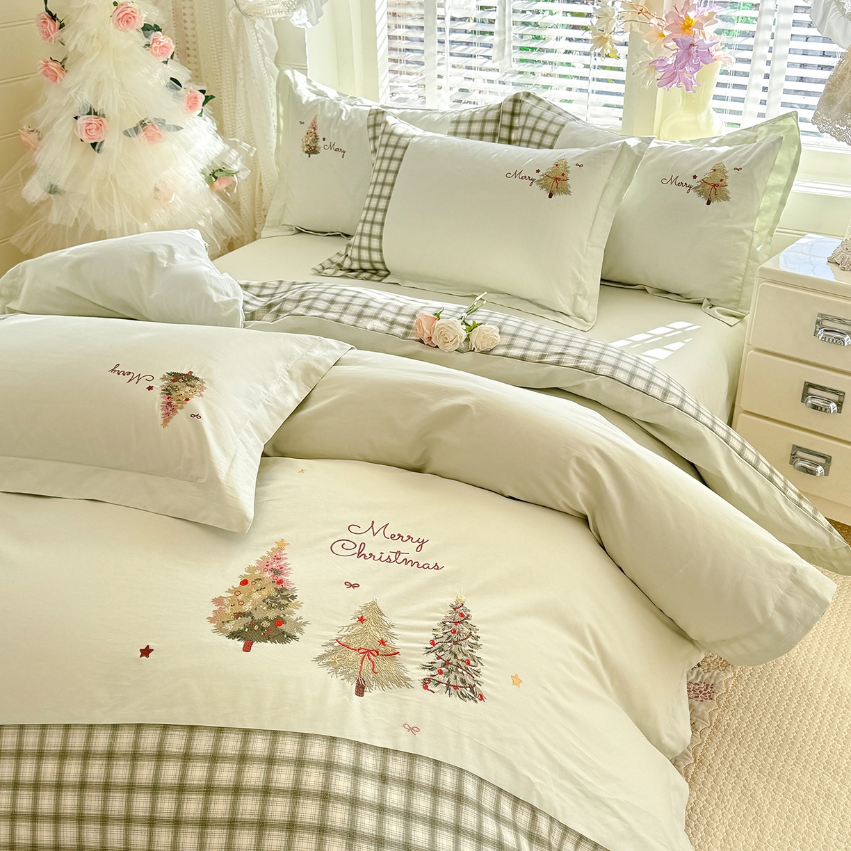 91家纺网 家纺一手货源 找家纺 艾唯希家纺 2026新款优质全棉纯棉工艺刺绣四件套幸运树 幸运树-绿色