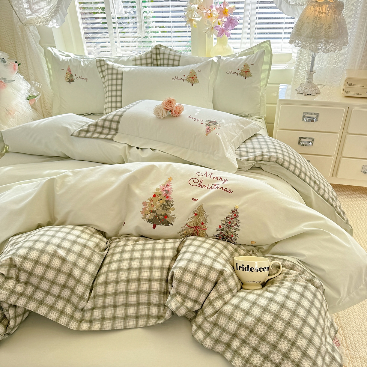 91家纺网 家纺一手货源 找家纺 艾唯希家纺 2026新款优质全棉纯棉工艺刺绣四件套幸运树 幸运树-绿色