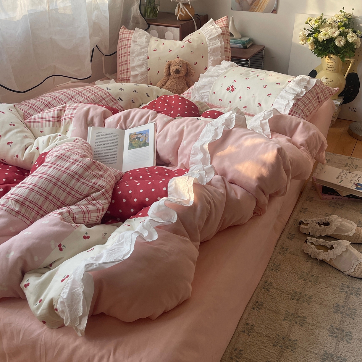 91家纺网 家纺一手货源 找家纺 （总）觅糖家纺 2026新款全棉纯棉双层纱梦幻花边系列四件套（会员-5）