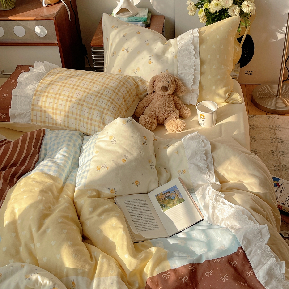 91家纺网 家纺一手货源 找家纺 （总）觅糖家纺 2026新款全棉纯棉双层纱梦幻花边系列四件套（会员-5）