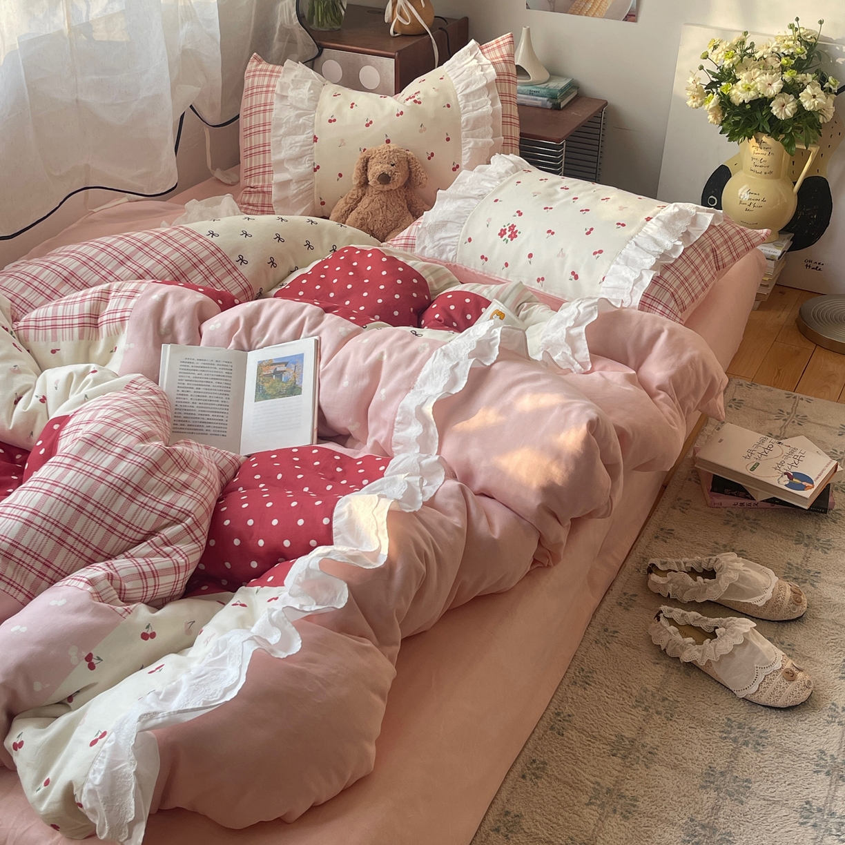 91家纺网 家纺一手货源 找家纺 （总）觅糖家纺 2026新款全棉纯棉双层纱梦幻花边系列四件套（会员-5）