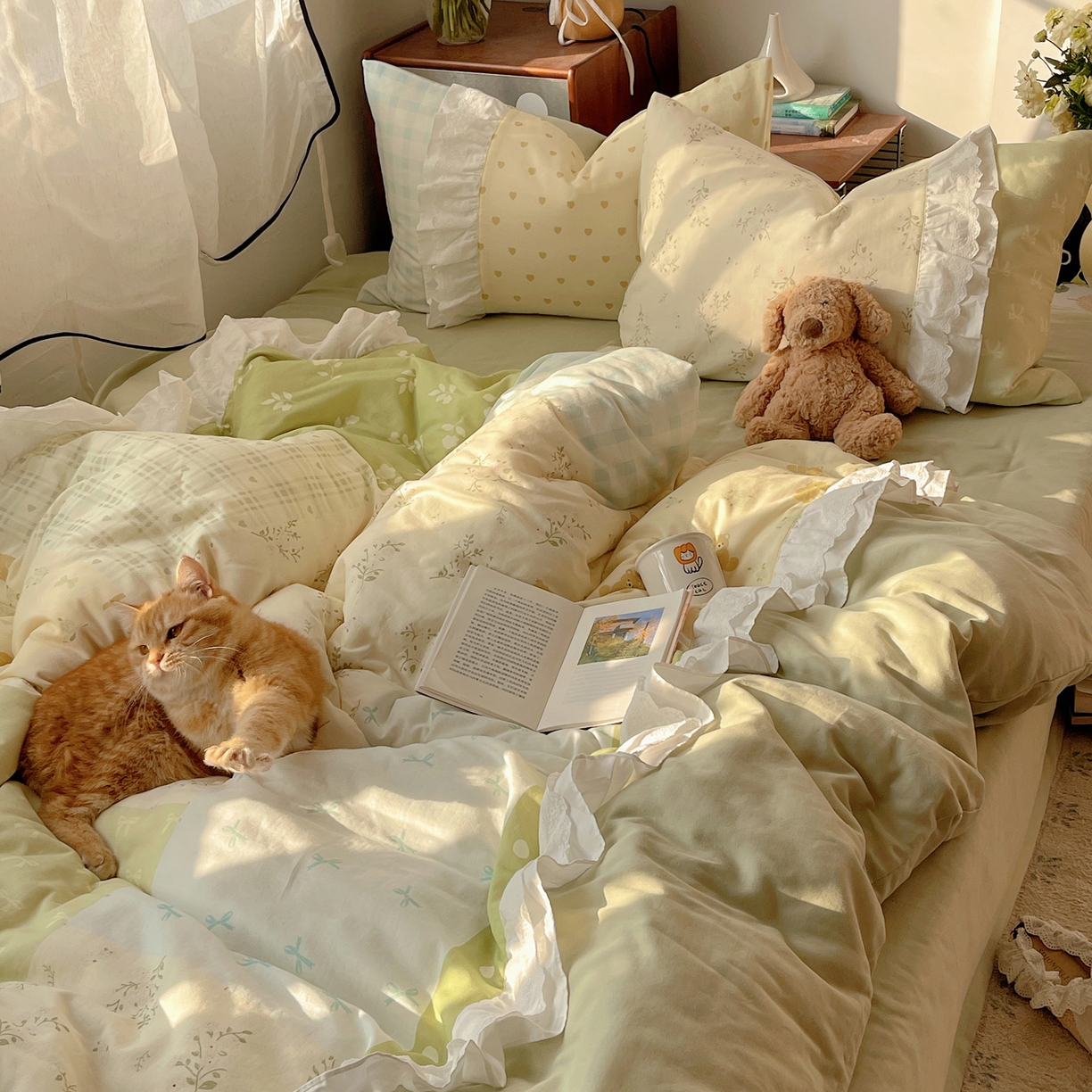 91家纺网 家纺一手货源 找家纺 觅糖家纺 2026新款全棉纯棉双层纱梦幻花边系列四件套（会员-5） 米塌熊