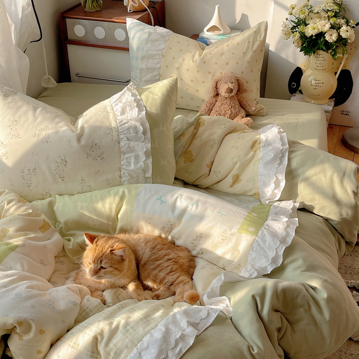 91家纺网 家纺一手货源 找家纺 觅糖家纺 2026新款全棉纯棉双层纱梦幻花边系列四件套（会员-5） 米塌熊