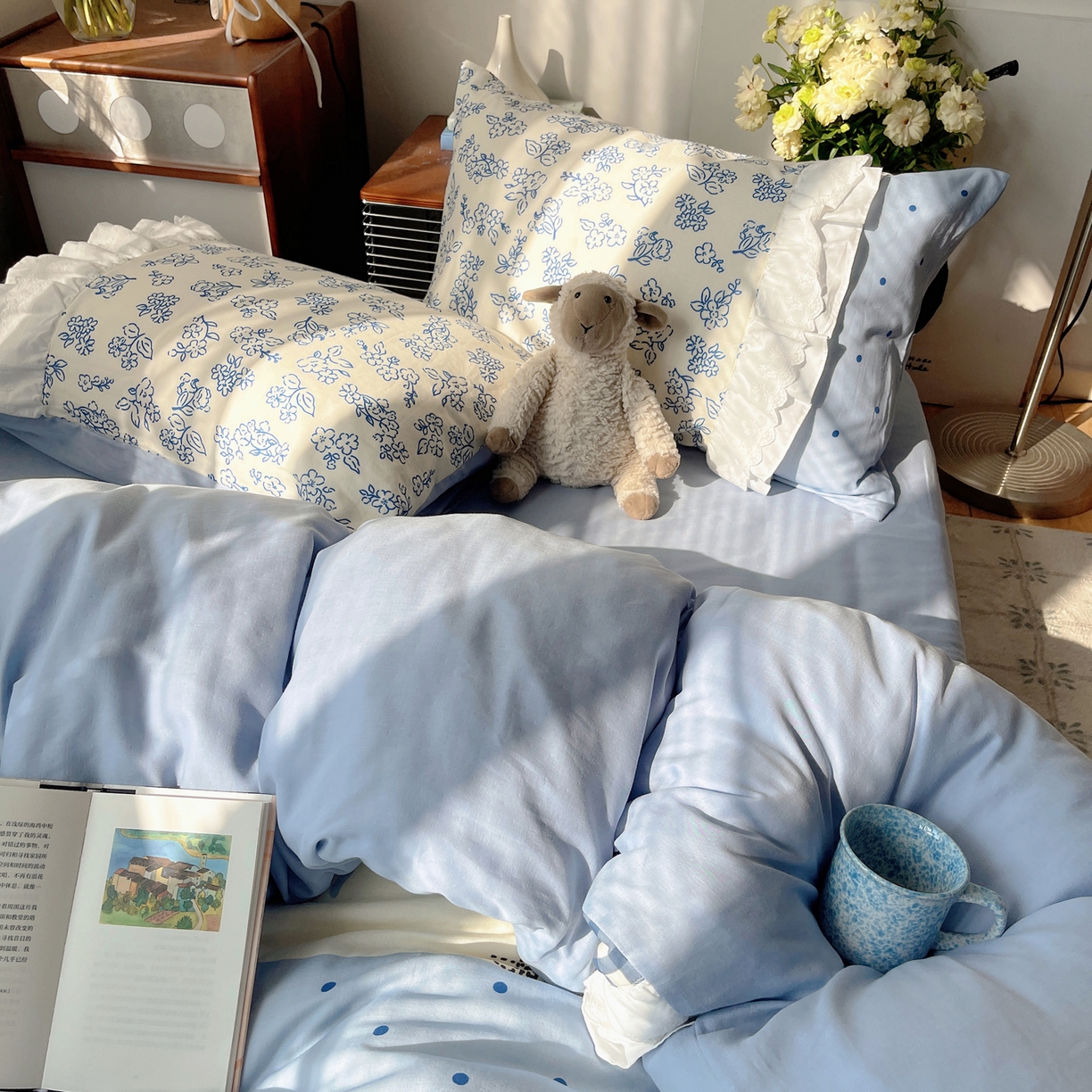 91家纺网 家纺一手货源 找家纺 觅糖家纺 2026新款全棉纯棉双层纱梦幻花边系列四件套（会员-5） 雾蓝日记