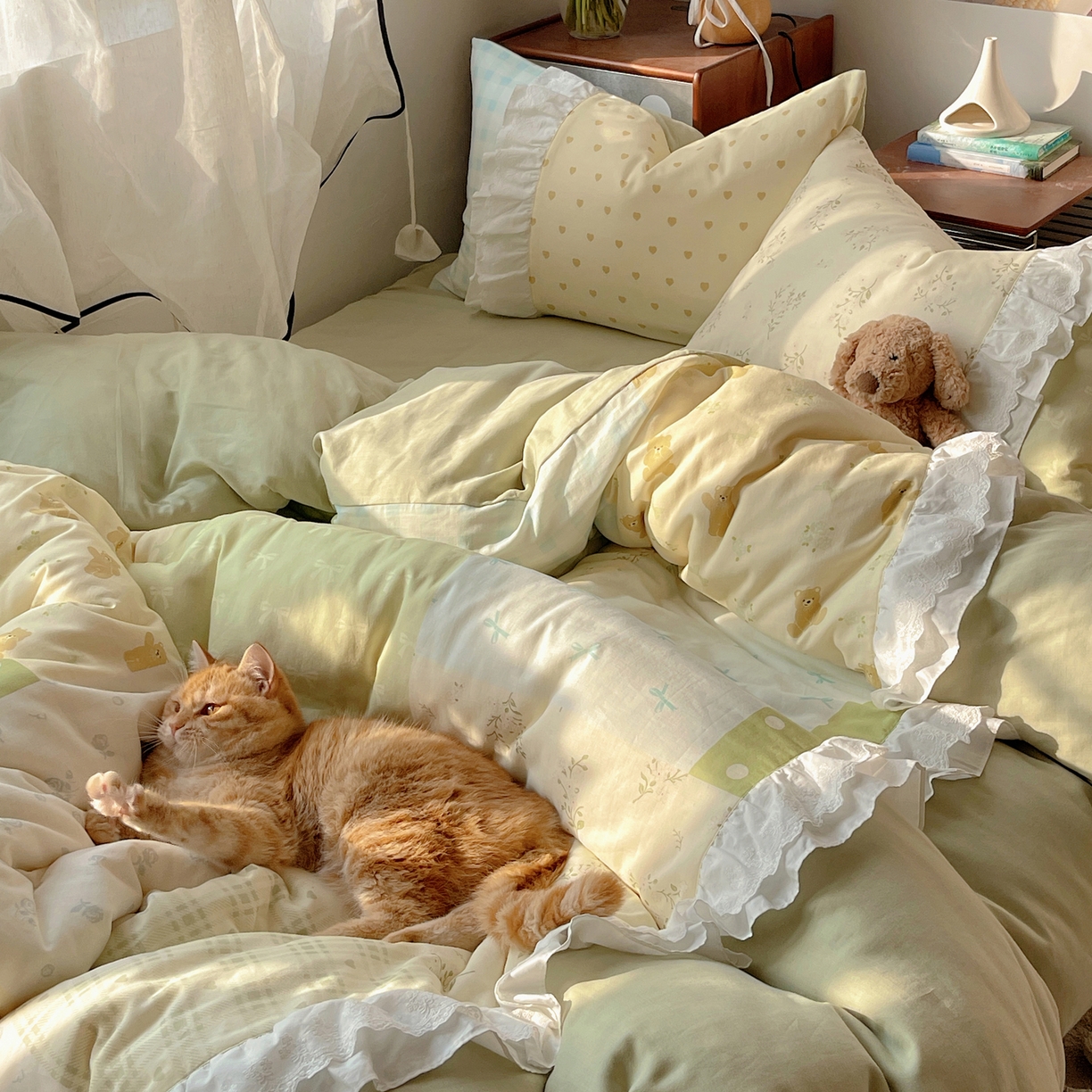 91家纺网 家纺一手货源 找家纺 觅糖家纺 2026新款全棉纯棉双层纱梦幻花边系列四件套（会员-5） 米塌熊