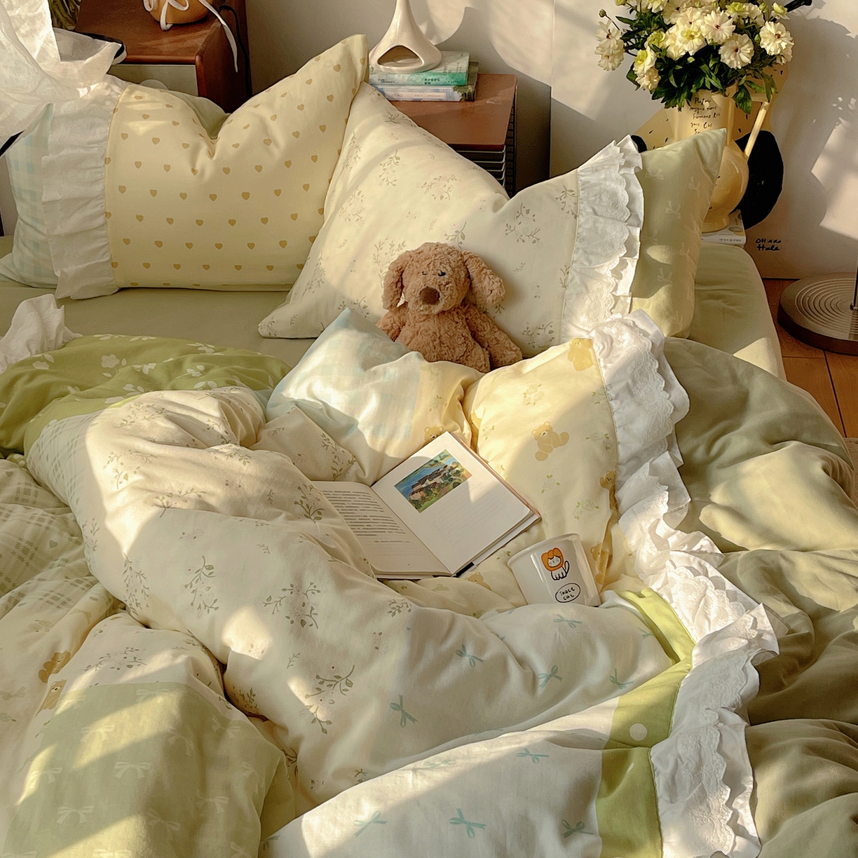 91家纺网 家纺一手货源 找家纺 觅糖家纺 2026新款全棉纯棉双层纱梦幻花边系列四件套（会员-5） 米塌熊