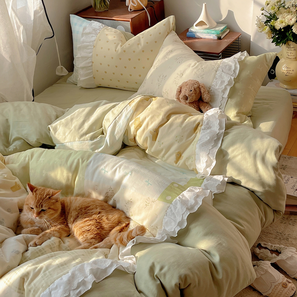 91家纺网 家纺一手货源 找家纺 觅糖家纺 2026新款全棉纯棉双层纱梦幻花边系列四件套（会员-5） 米塌熊