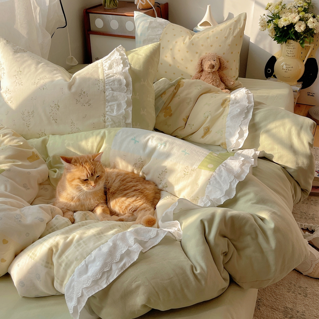 91家纺网 家纺一手货源 找家纺 觅糖家纺 2026新款全棉纯棉双层纱梦幻花边系列四件套（会员-5） 米塌熊