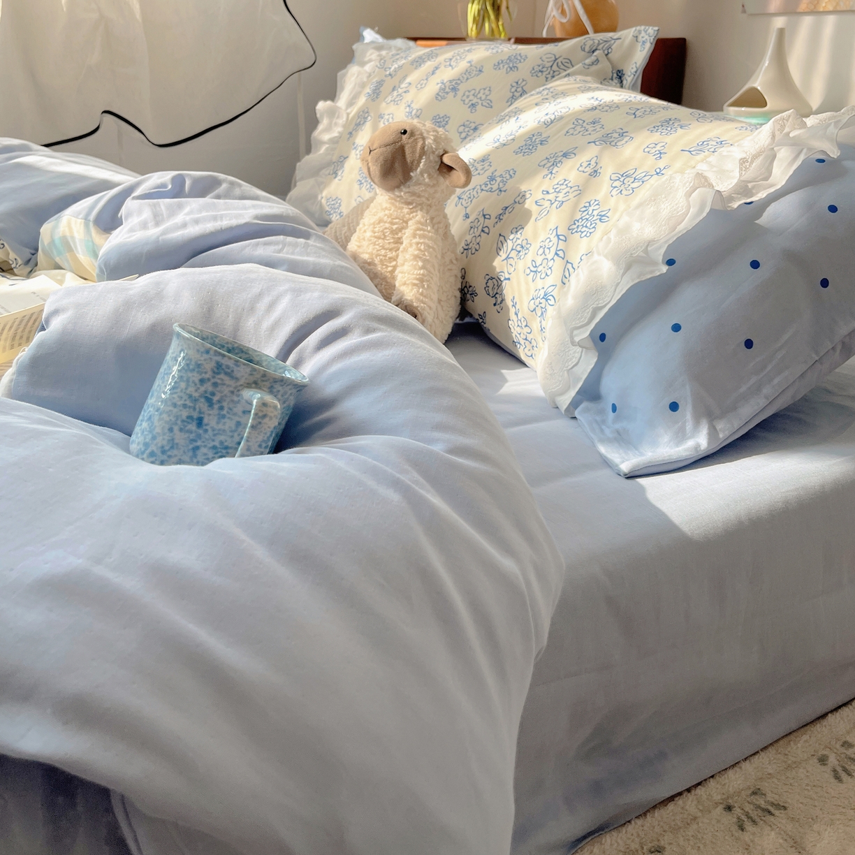 91家纺网 家纺一手货源 找家纺 觅糖家纺 2026新款全棉纯棉双层纱梦幻花边系列四件套（会员-5） 雾蓝日记