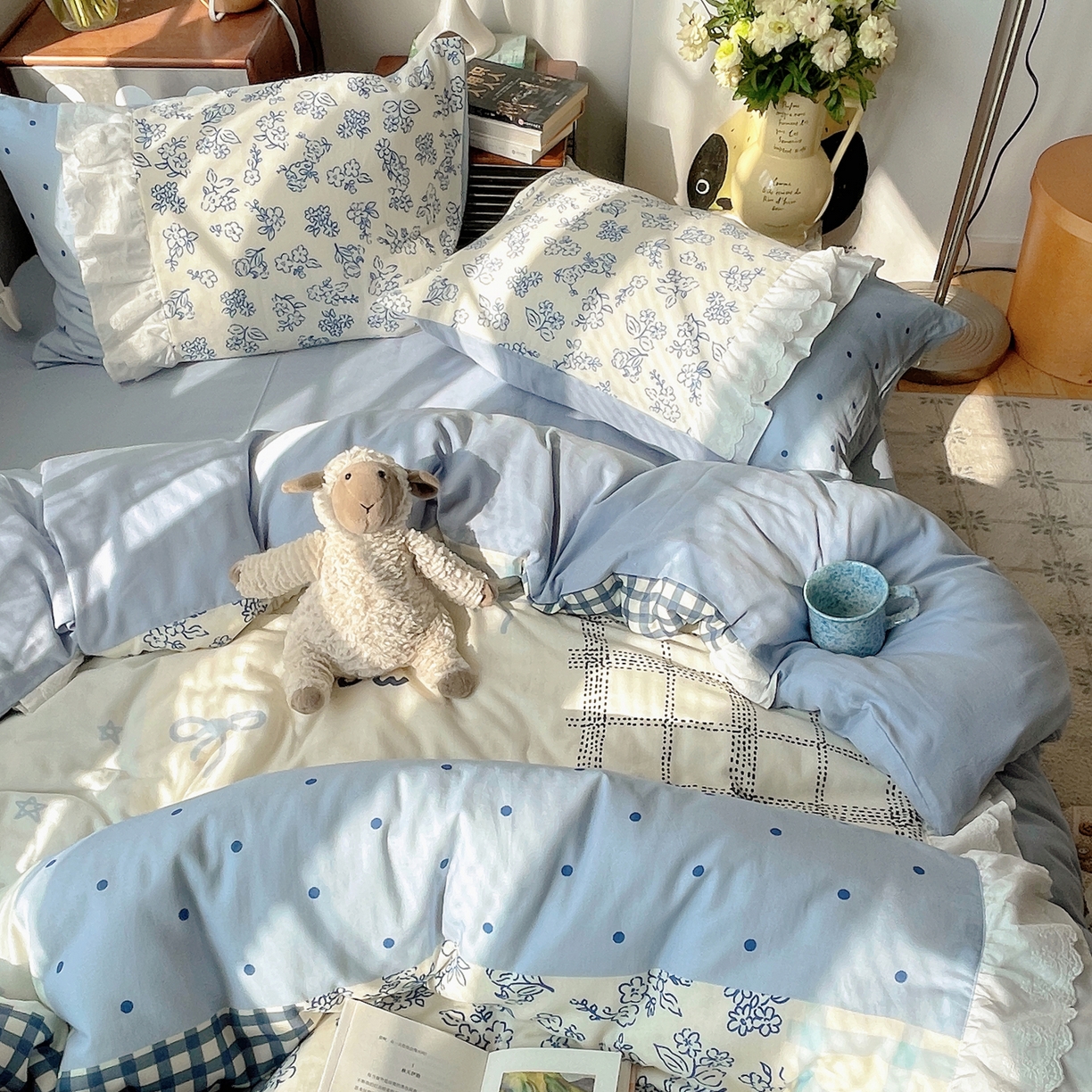 91家纺网 家纺一手货源 找家纺 觅糖家纺 2026新款全棉纯棉双层纱梦幻花边系列四件套（会员-5） 雾蓝日记