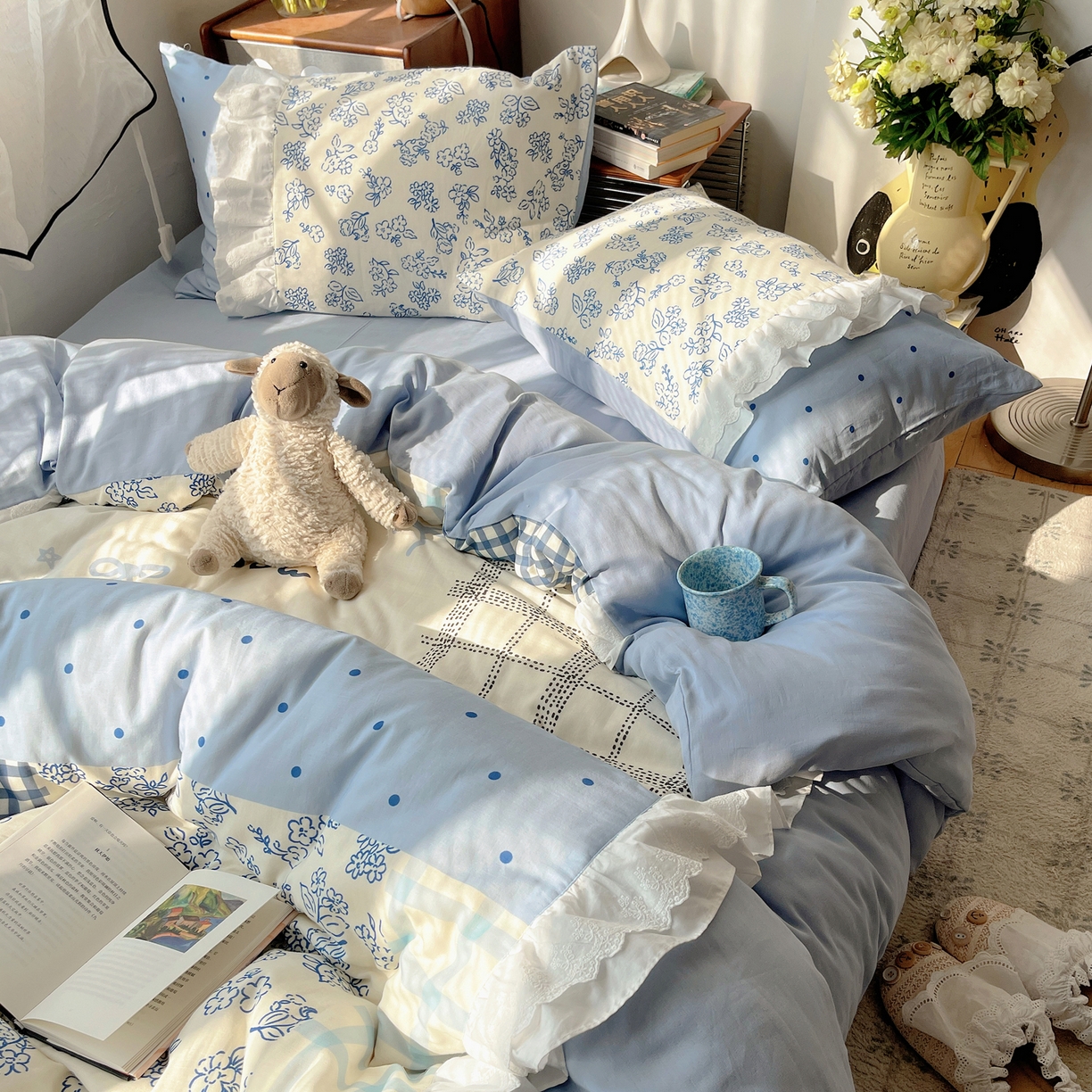 91家纺网 家纺一手货源 找家纺 觅糖家纺 2026新款全棉纯棉双层纱梦幻花边系列四件套（会员-5） 雾蓝日记