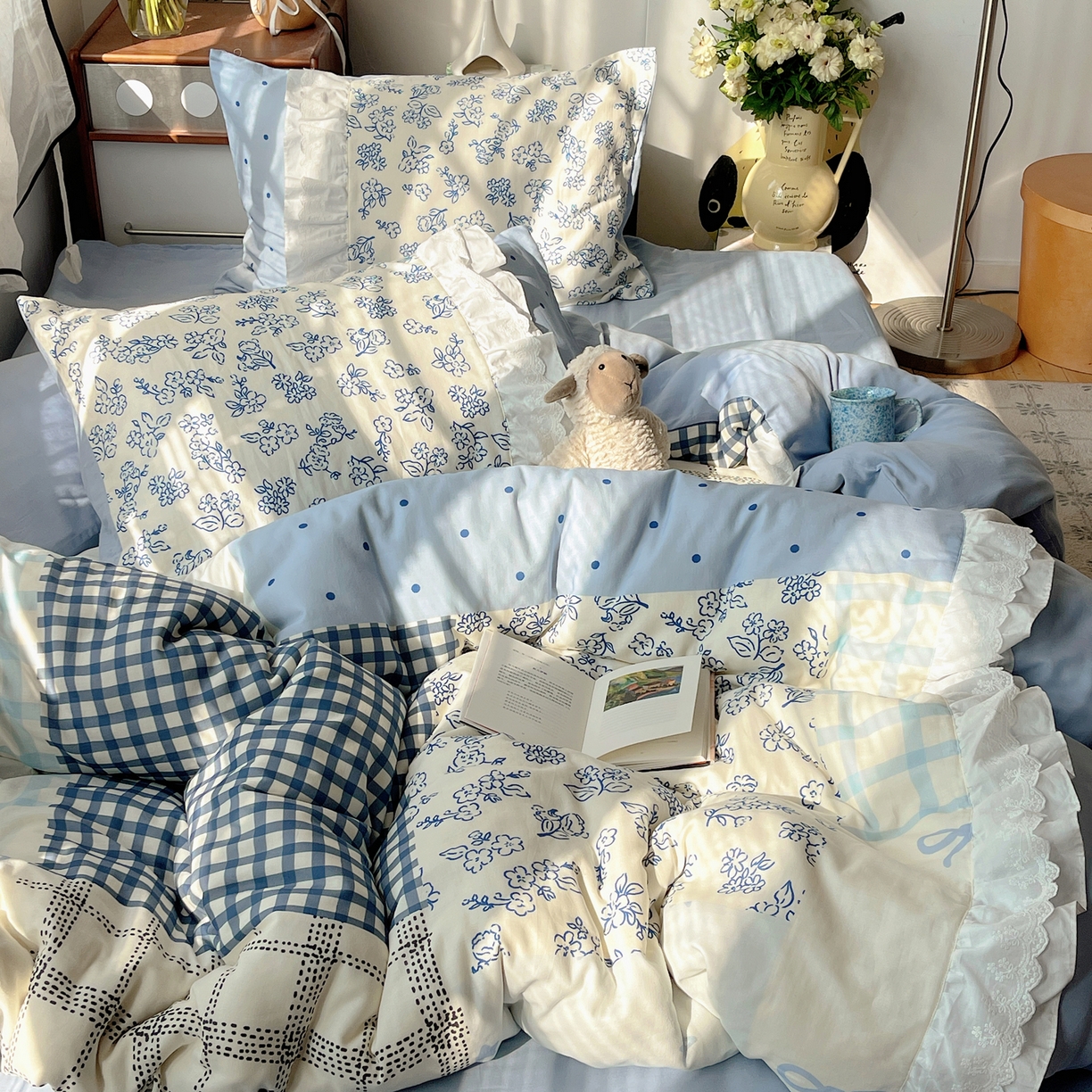 觅糖家纺 2026新款全棉纯棉双层纱梦幻花边系列四件套（会员-5） 雾蓝日记