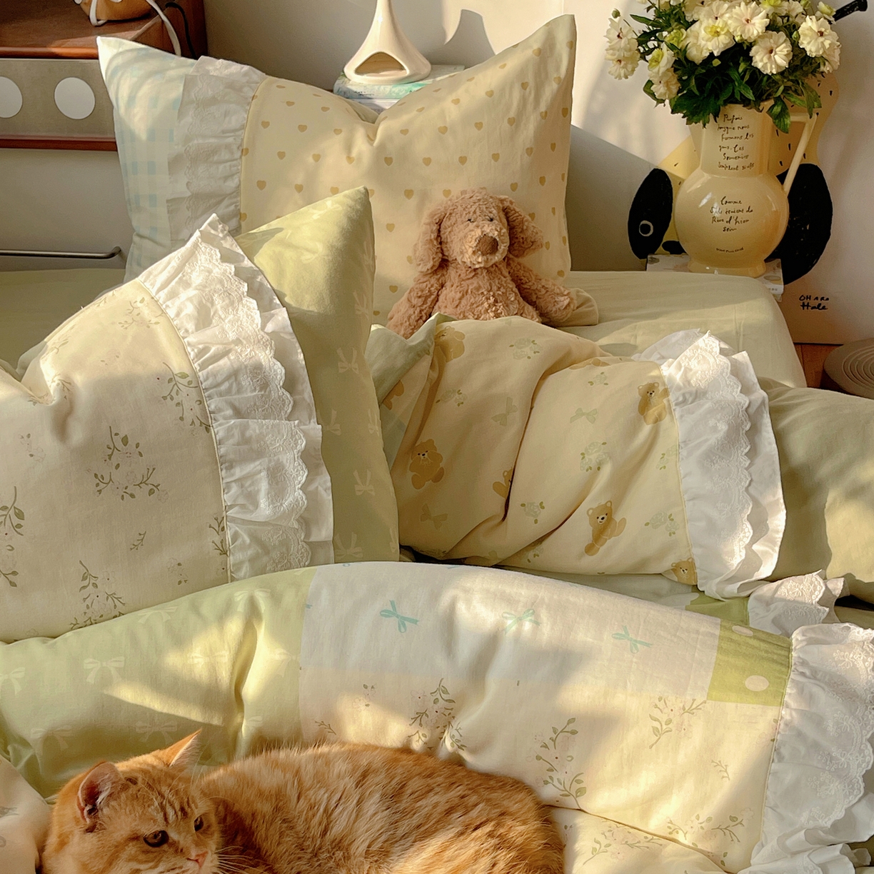 91家纺网 家纺一手货源 找家纺 觅糖家纺 2026新款全棉纯棉双层纱梦幻花边系列四件套（会员-5） 米塌熊