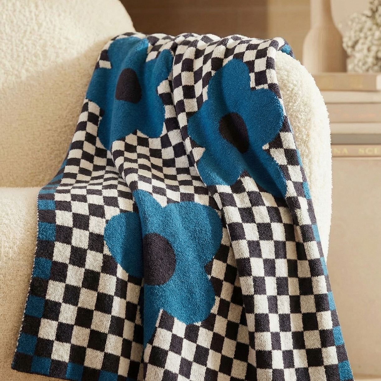 暖绵绵家纺 2026新款半边绒软糯棋盘花镜盖毯-艾莎 艾莎-蓝色