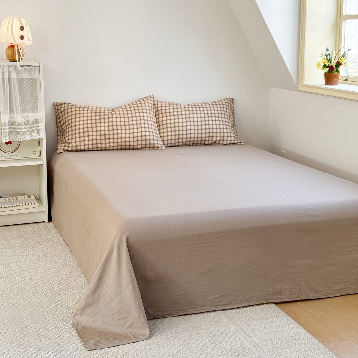 91家纺网 家纺一手货源 找家纺 红淳家纺 2026新款全棉A类双层纱四件套 复古格棕（普通款）