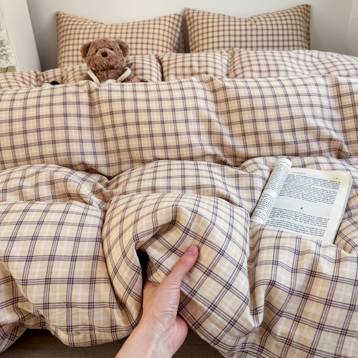 91家纺网 家纺一手货源 找家纺 红淳家纺 2026新款全棉A类双层纱四件套 复古格棕（普通款）