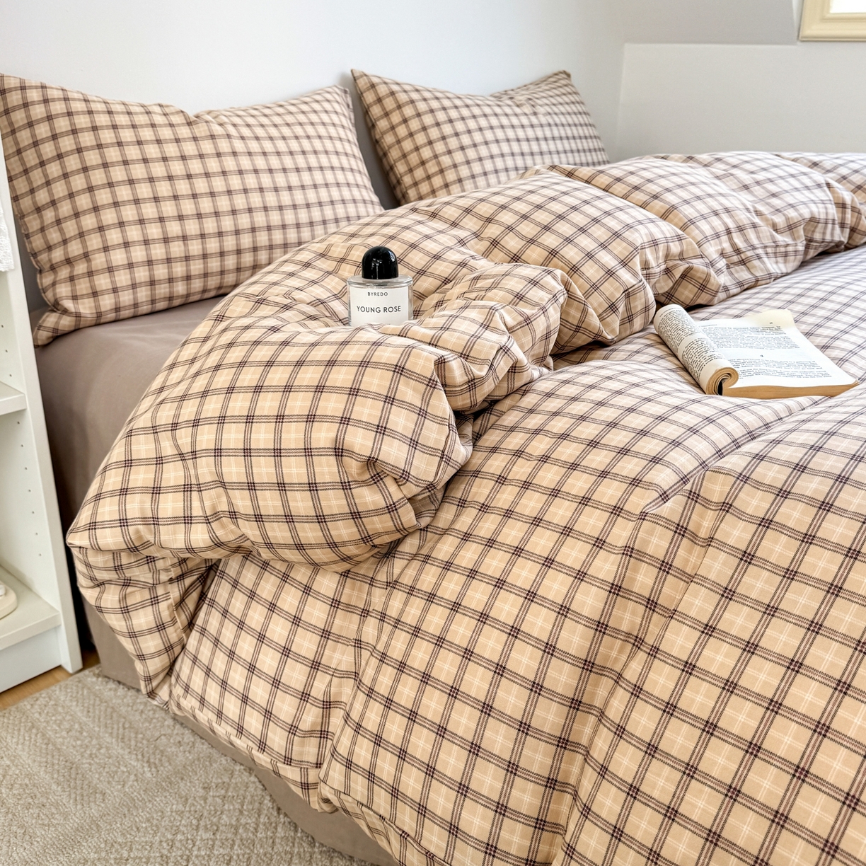 91家纺网 家纺一手货源 找家纺 红淳家纺 2026新款全棉A类双层纱四件套 复古格棕（普通款）